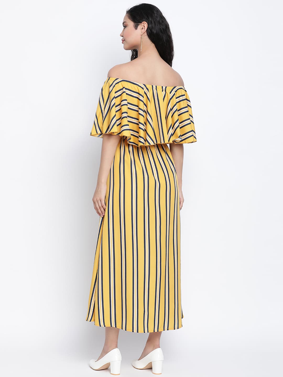 Midi,Yellow Dress,Midi Dress,Off Shoulder Dress,Sleeveless Dress,Yellow Stripes Dress