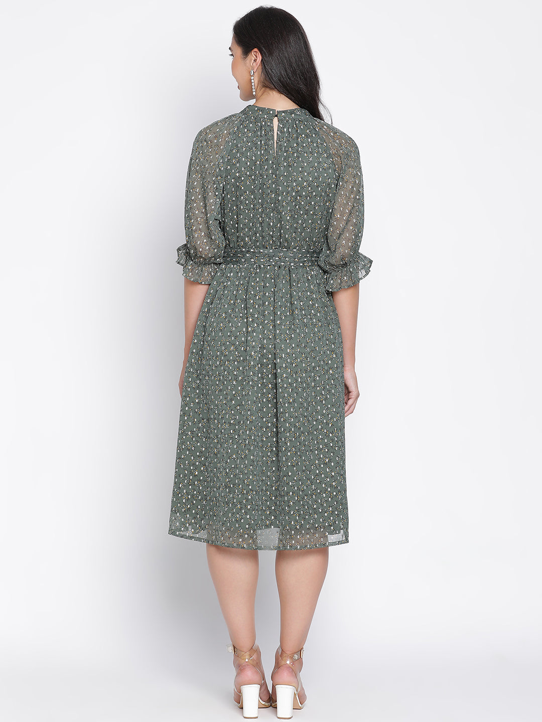 Knee Length,Green Dress,Knee Length Dress,Round Neck Dress,Short Sleeves Dress,Green Printed Dress