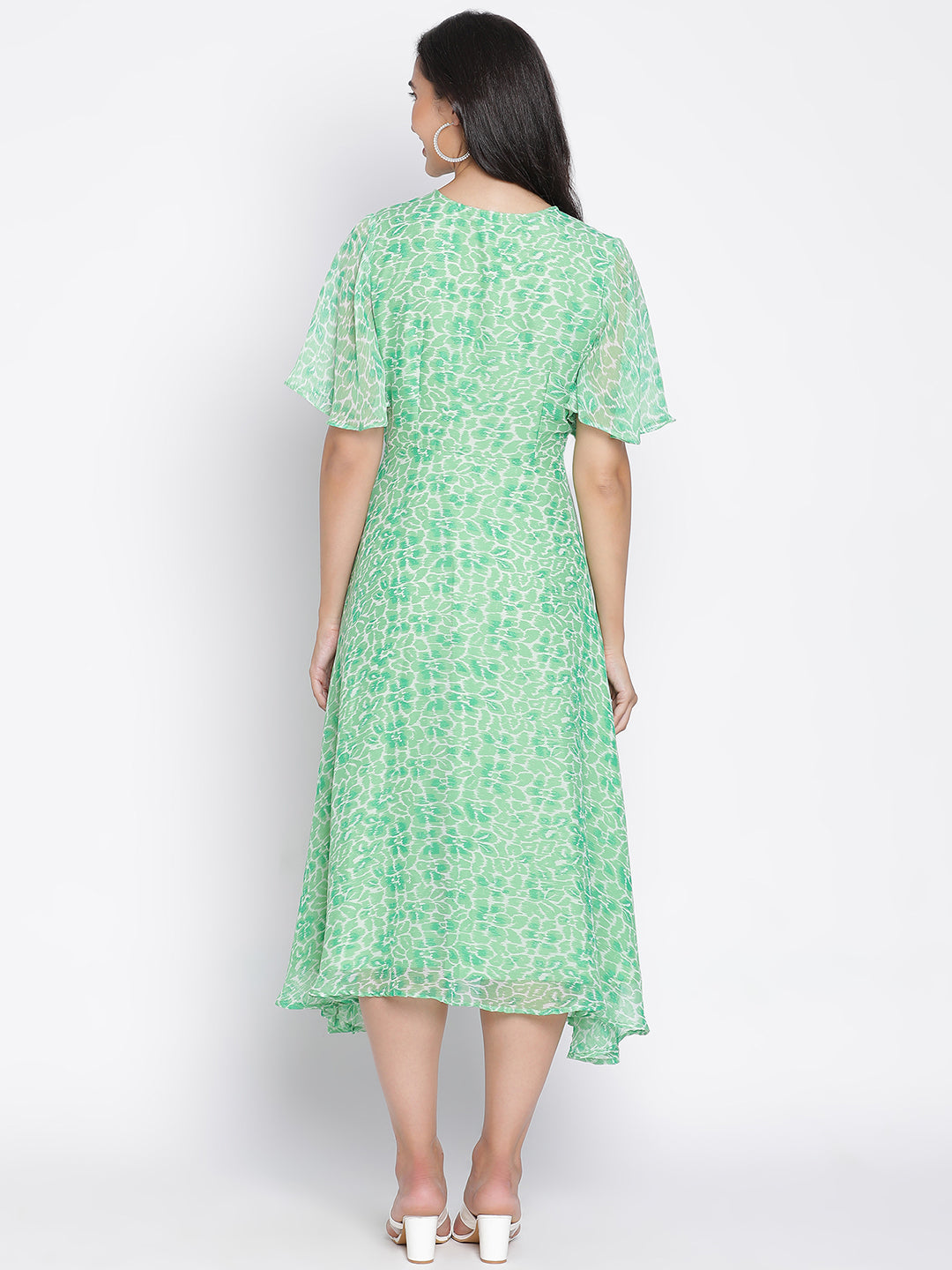 Midi,Green Dress,Midi Dress,V-Neck Dress,Short Sleeves Dress,Green Floral Print Dress