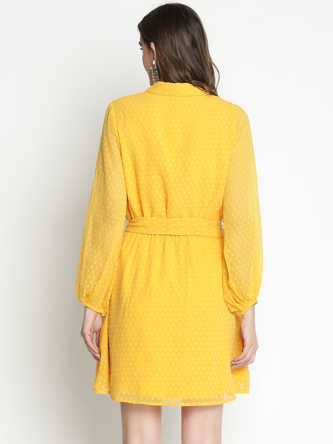 Knee Length,Yellow Dress,Knee Length Dress,Collared Neck Dress,Full Sleeves Dress,Yellow Solid Dress