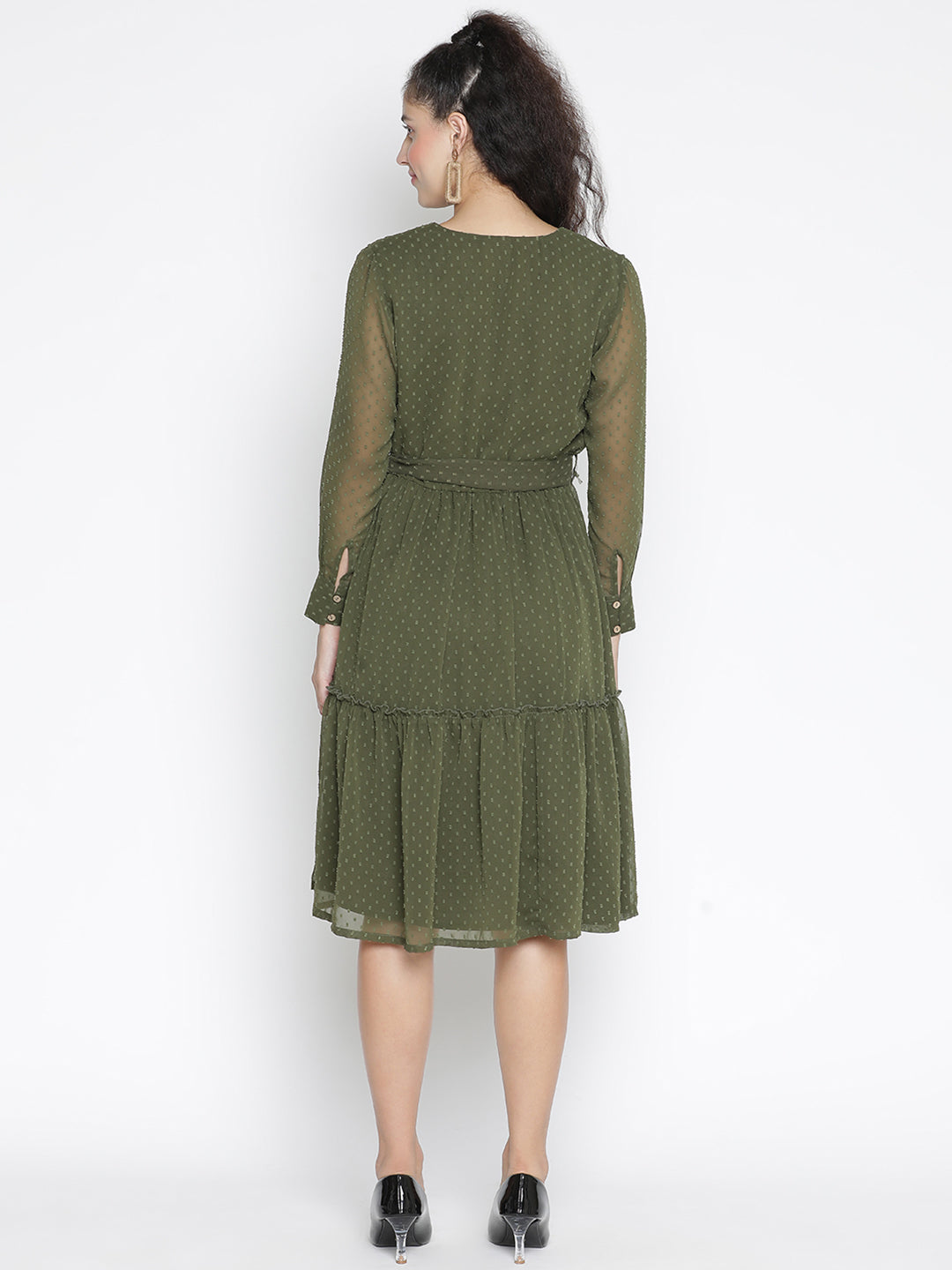 Knee Length,Green Dress,Knee Length Dress,V-Neck Dress,Full Sleeves Dress,Green Solid Dress