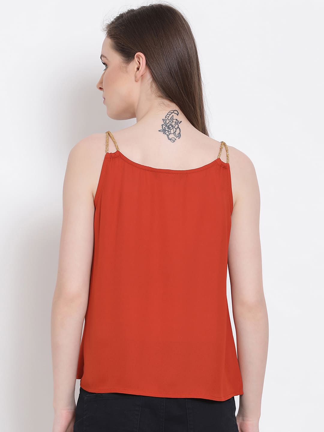 Spaghetti Top,Orange Top,Spaghetti Top,Round Neck Top,Sleeveless Top,Orange Embellished Top