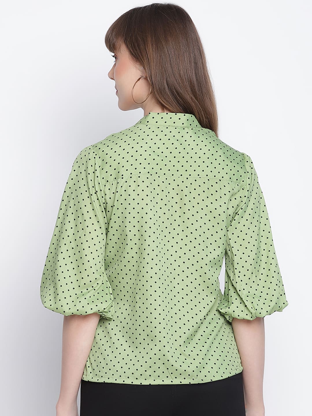 Regular,Green Top,Regular Top,V-Neck Top,Quater Sleeves Top,Green Polka Dots Top