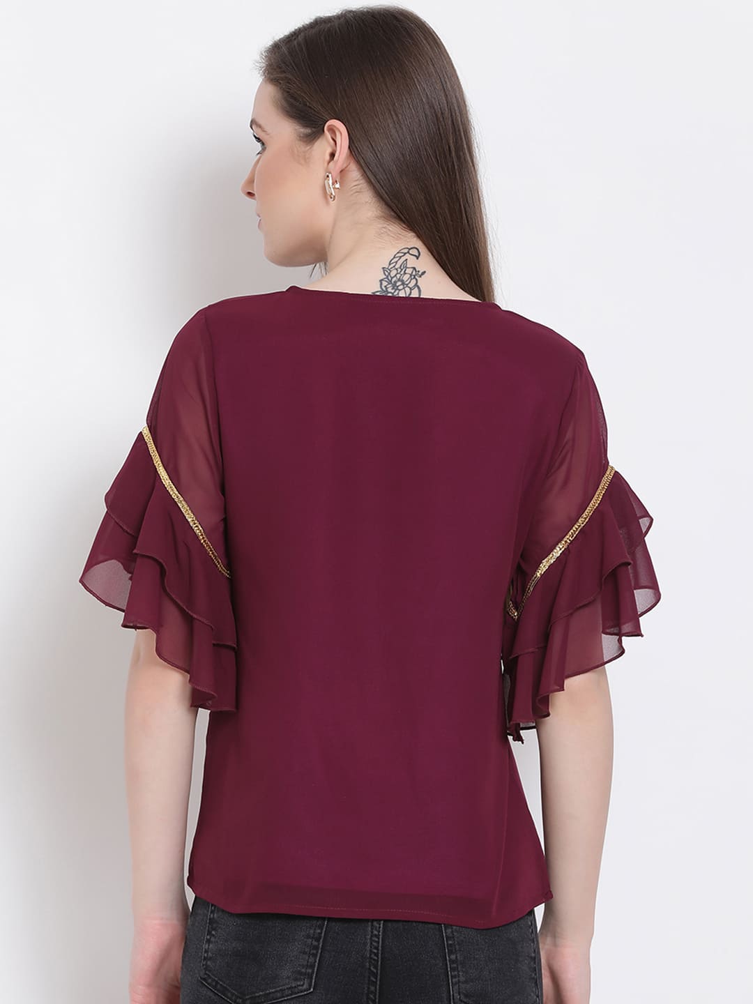 Regular,Maroon Top,Regular Top,Round Neck Top,Quater Sleeves Top,Maroon Embellished Top