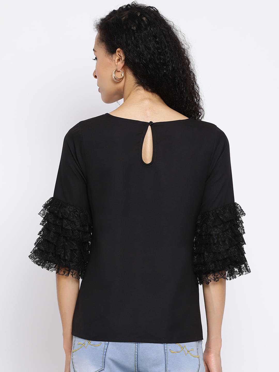 Regular,Black Top,Regular Top,Round Neck Top,Quater Sleeves Top,Black Solid Top