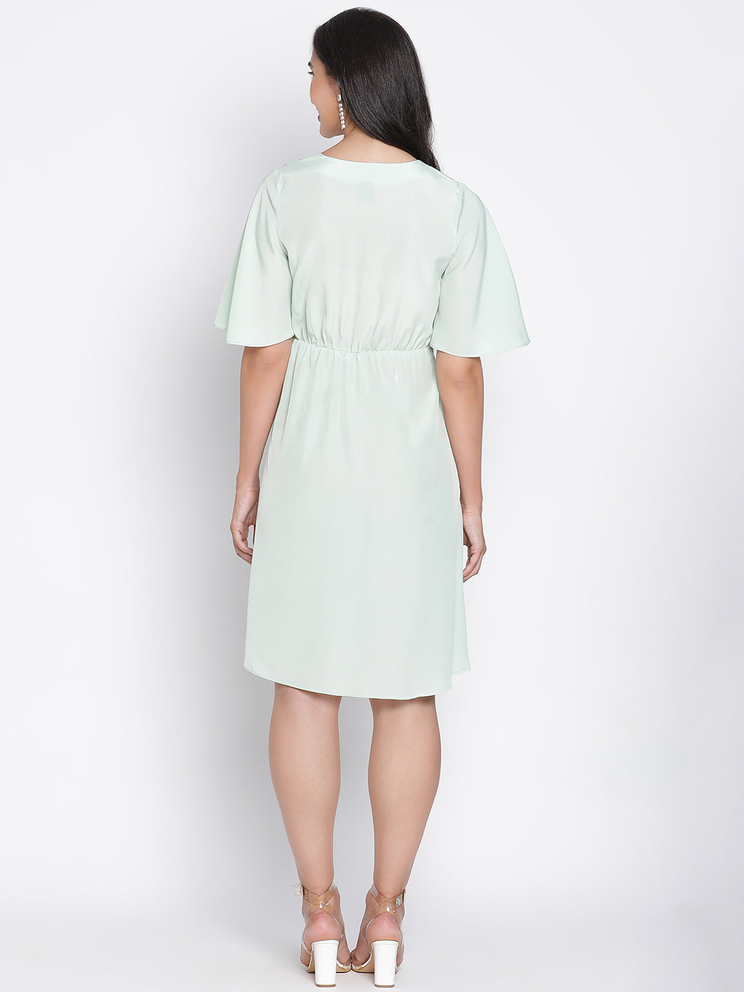 Knee Length,Green Dress,Knee Length Dress,V-Neck Dress,Short Sleeves Dress,Green Solid Dress