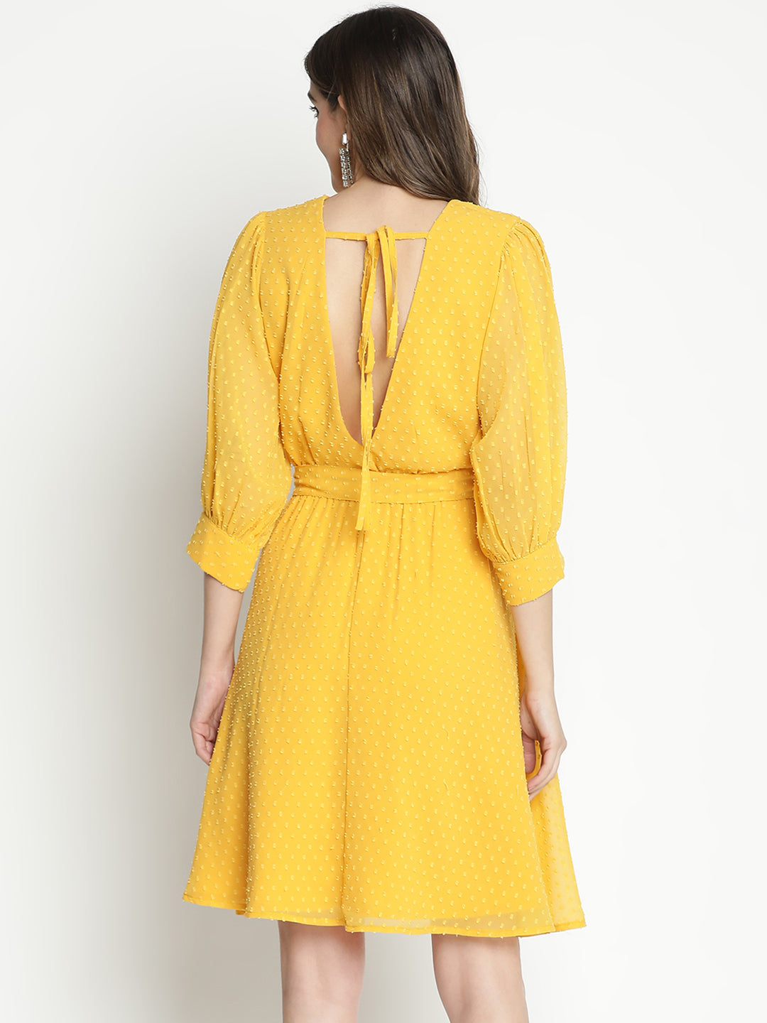 Knee Length,Yellow Dress,Knee Length Dress,V-Neck Dress,Quater Sleeves Dress,Yellow Solid Dress