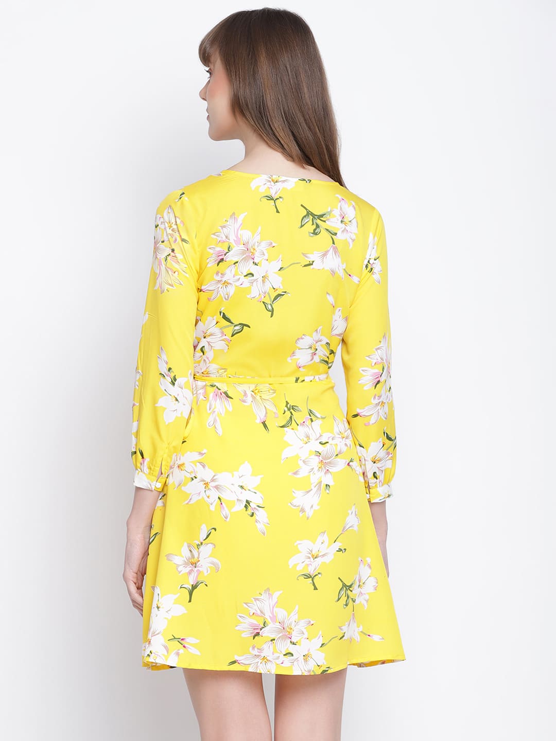 Knee Length,Yellow Dress,Knee Length Dress,V-Neck Dress,Quater Sleeves Dress,Yellow Floral Print Dress