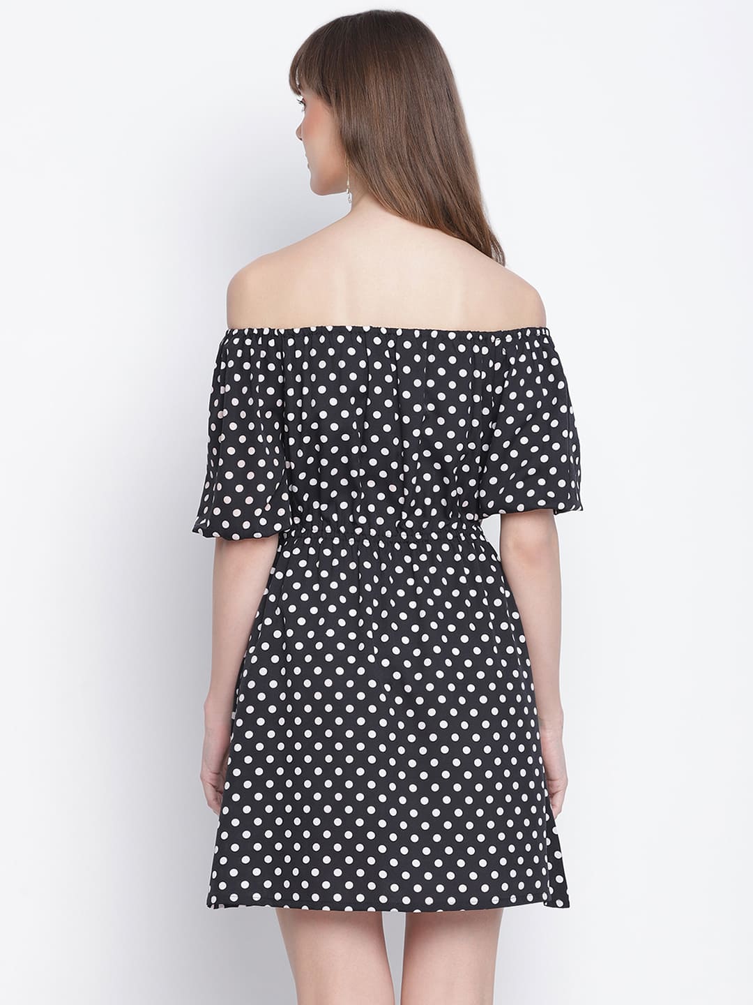 Knee Length,Black Dress,Knee Length Dress,Off Shoulder Dress,Sleeveless Dress,Black Polka Dot Dress