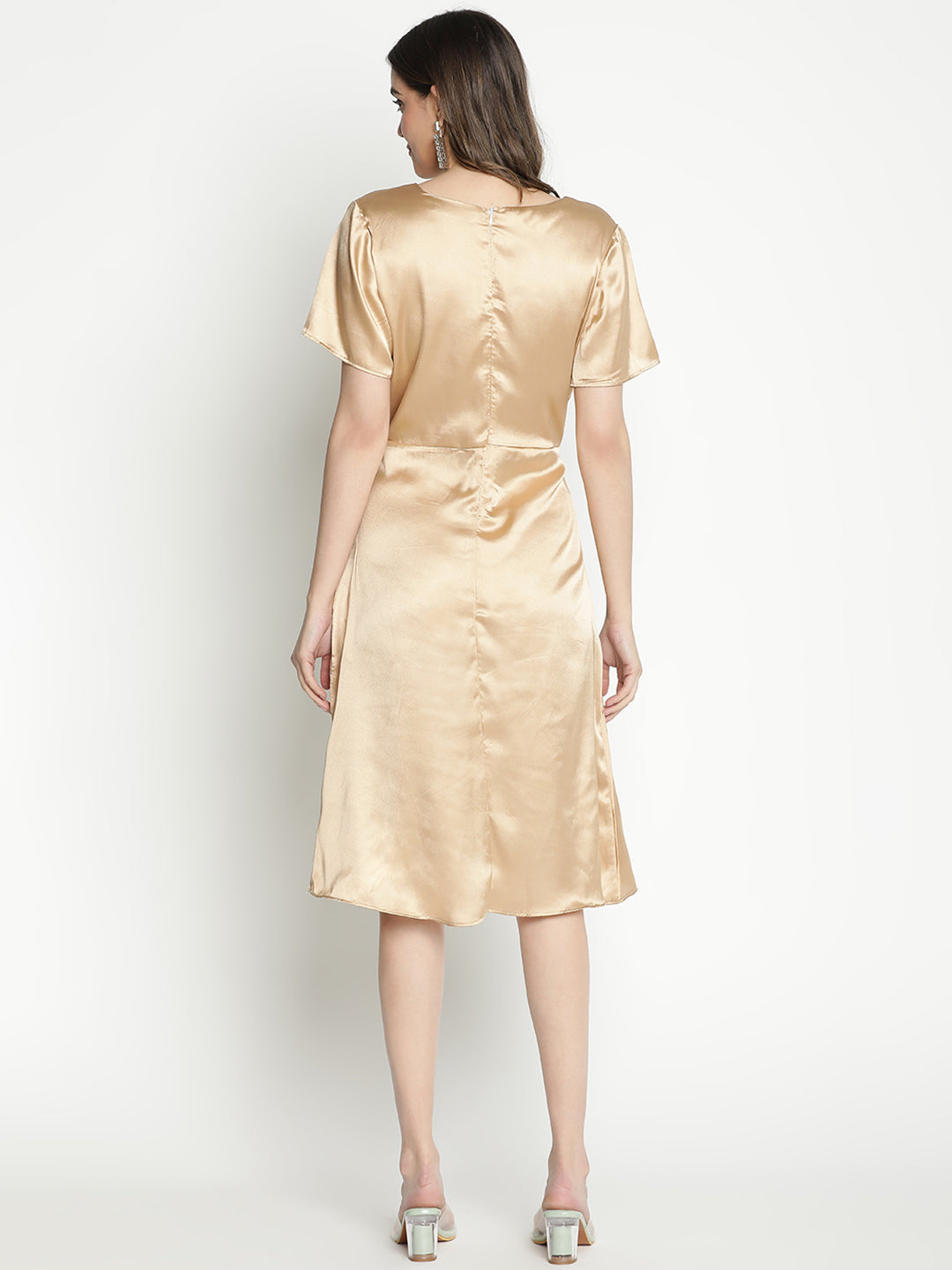 Knee Length,Gold Dress,Knee Length Dress,V-Neck Dress,Short Sleeves Dress,Gold Solid Dress