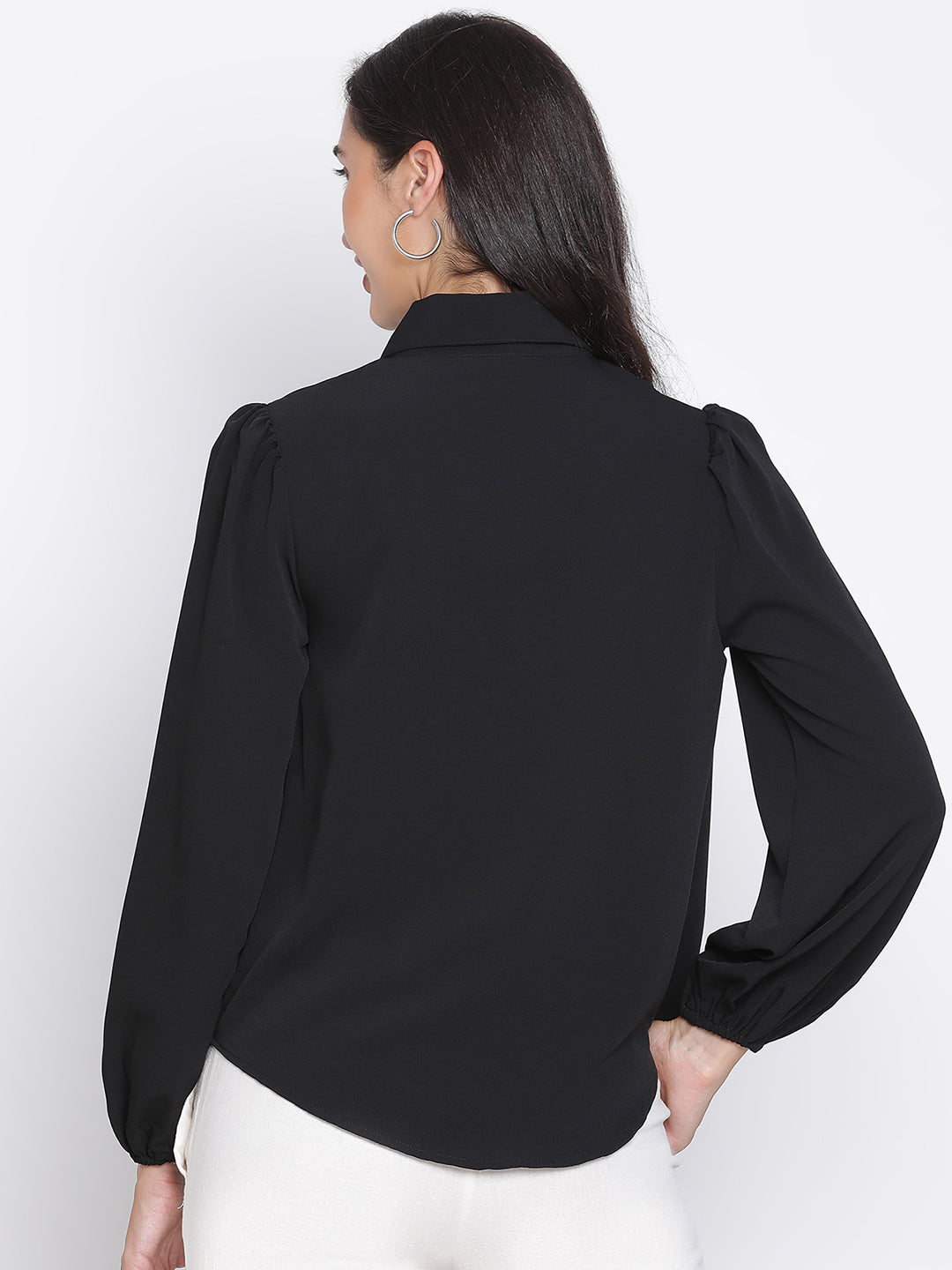 Regular,Black Top,Regular Top,Collared Neck Top,Full Sleeves Top,Black Solid Top