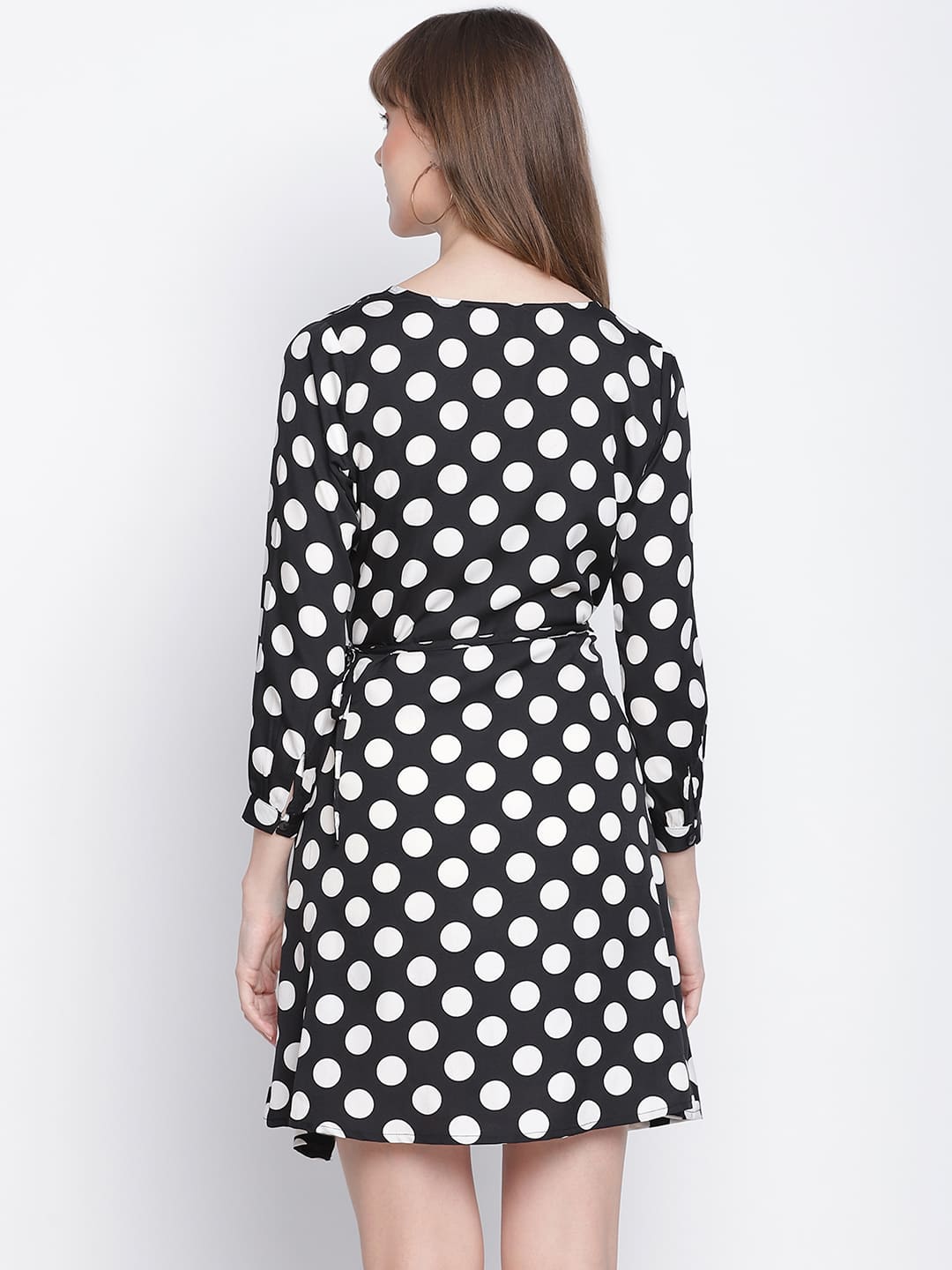 Knee Length,Black Dress,Knee Length Dress,V-Neck Dress,Quater Sleeves Dress,Black Polka Dots Dress