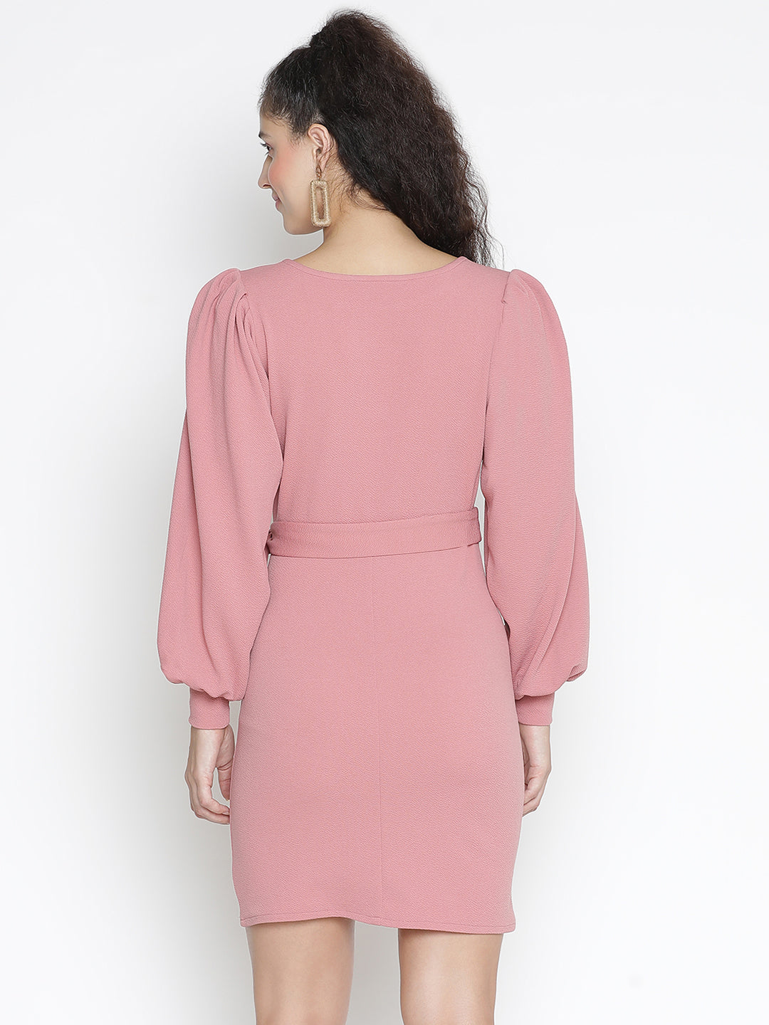 Knee Length,Pink Dress,Knee Length Dress,Round Neck Dress,Full Sleeves Dress,Pink Solid Dress