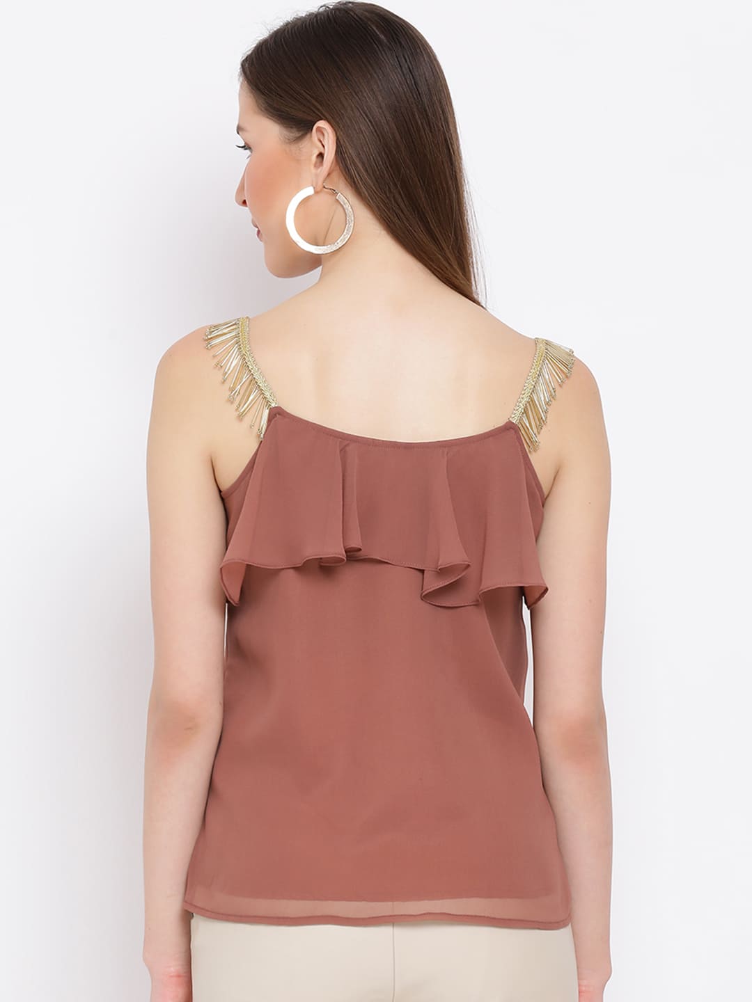 Spaghetti Top,Brown Top,Spaghetti Top,Round Neck Top,Sleeveless Top,Brown Solid Top