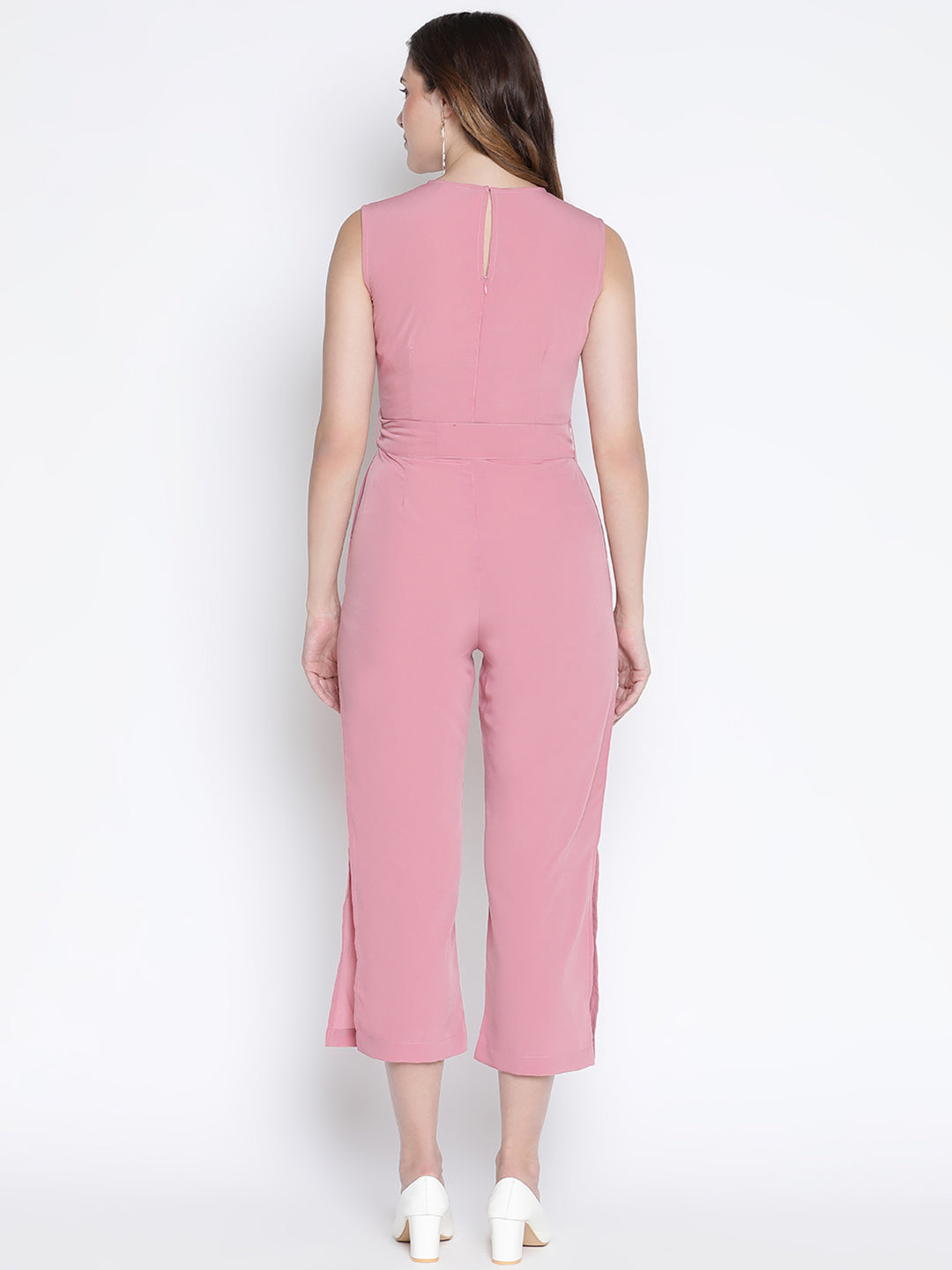 Ankle Length,Pink Jumpsuit,Ankle Length Jumpsuit,V-Neck Jumpsuit,Sleeveless Jumpsuit,Pink Solid Jumpsuit