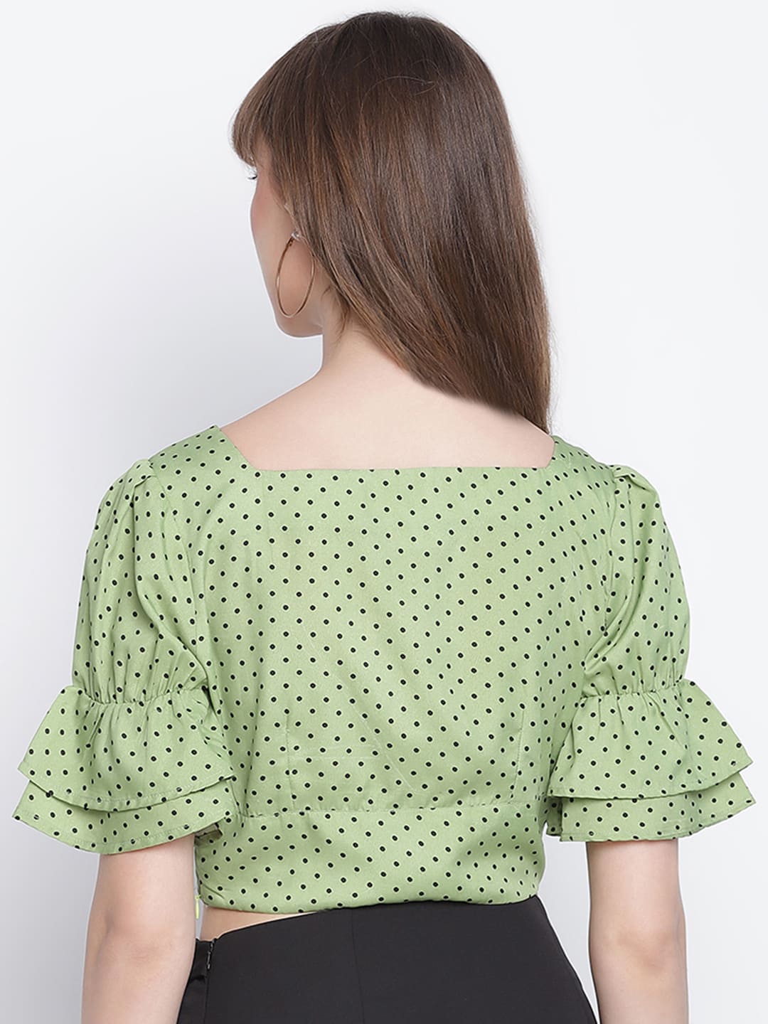 Crop Top,Green Top,Crop Top,Square Neck Top,Short Sleeves Top,Green Polka Dots Top