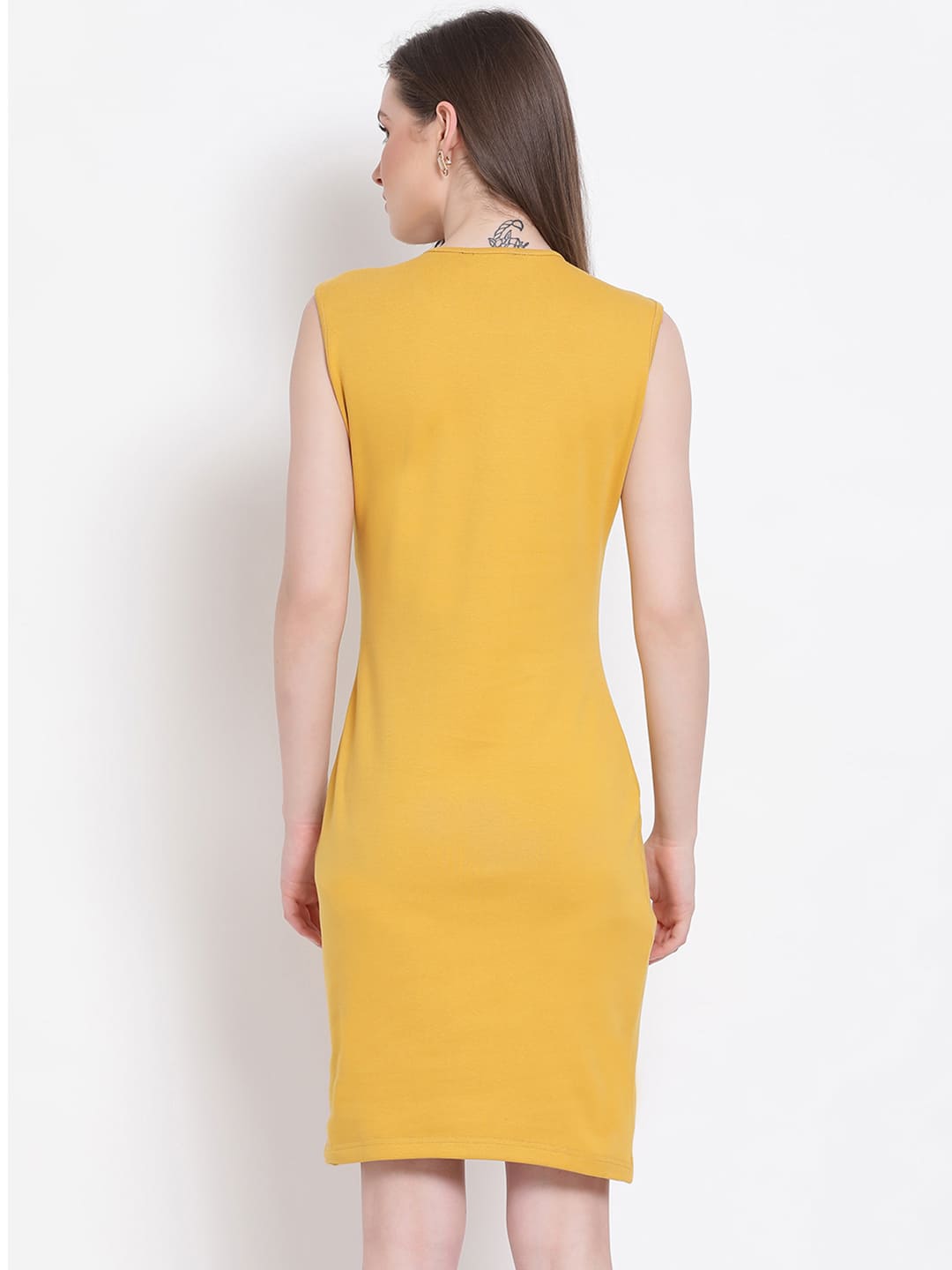 Knee Length,Yellow Dress,Knee Length Dress,Round Neck Dress,Sleeveless Dress,Yellow Solid Dress