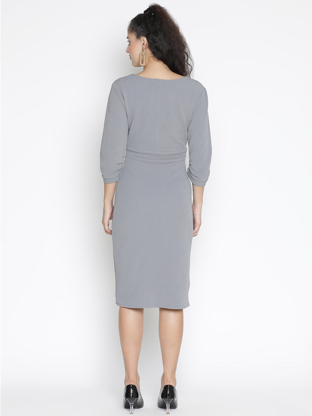 Knee Length,Grey Dress,Knee Length Dress,V-Neck Dress,Quater Sleeves Dress,Grey Solid Dress