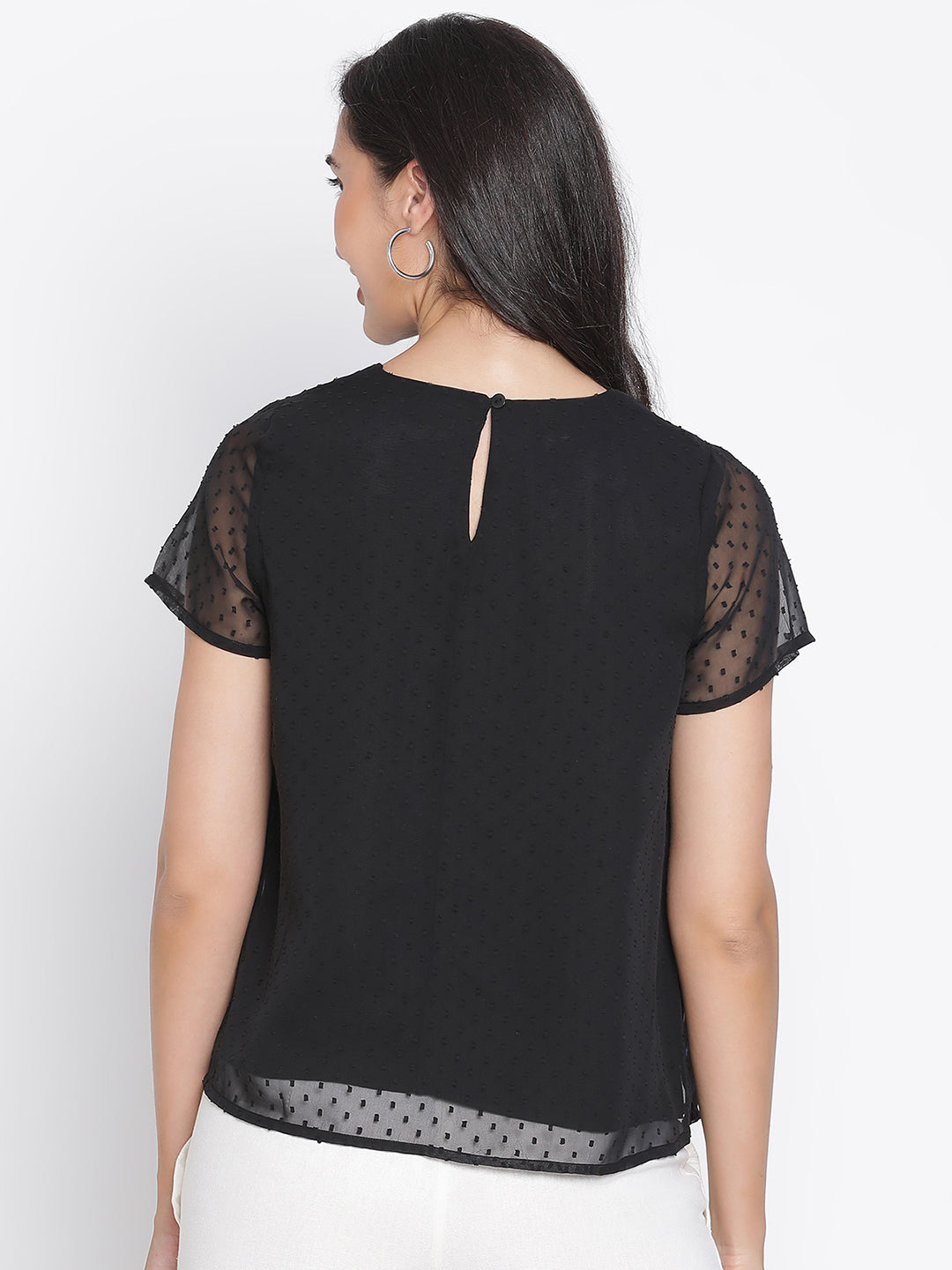 Regular,Black Top,Regular Top,Round Neck Top,Short Sleeves Top,Black Solid Top