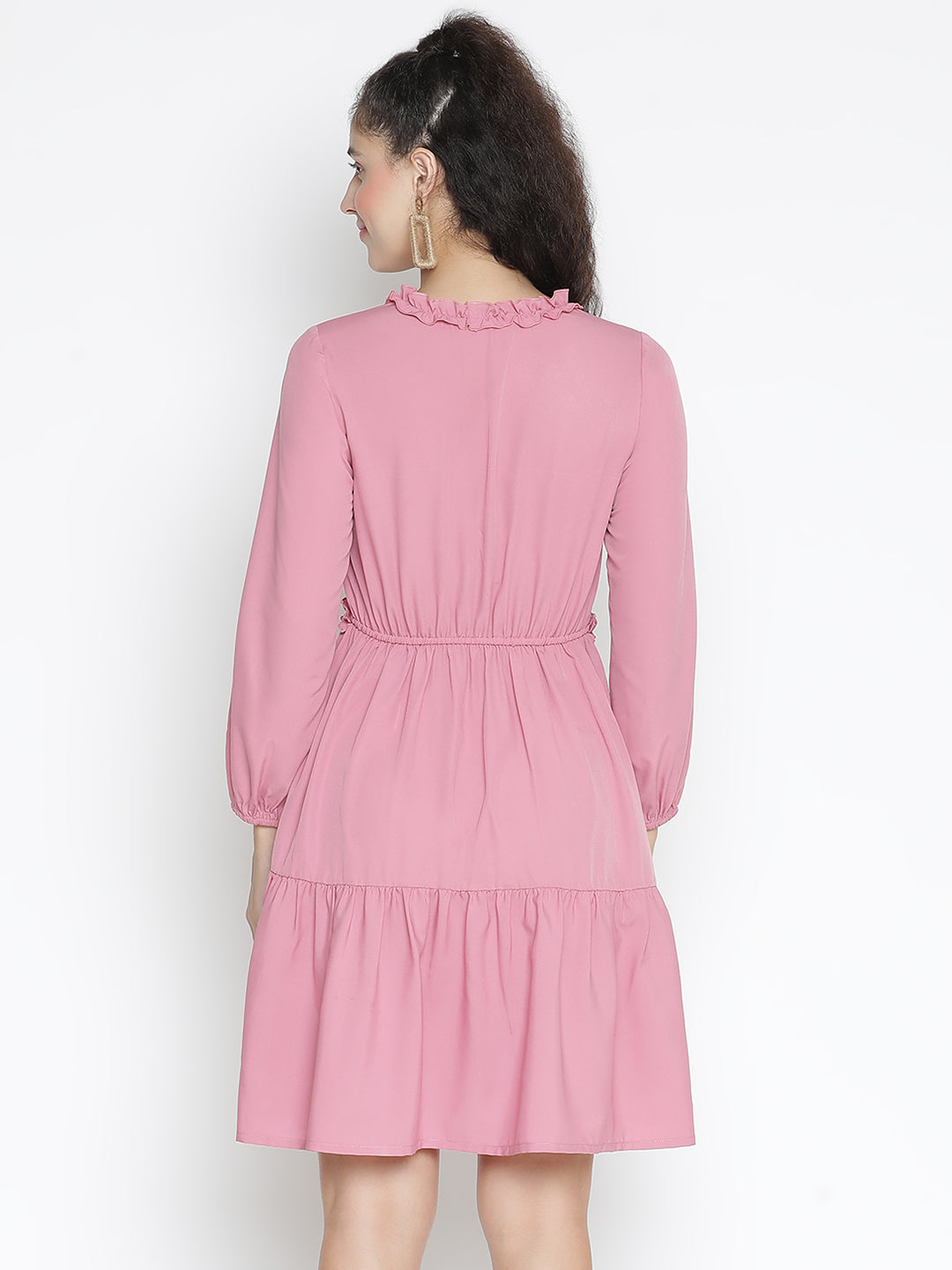 Knee Length,Pink Dress,Knee Length Dress,V-Neck Dress,Quater Sleeves Dress,Pink Solid Dress