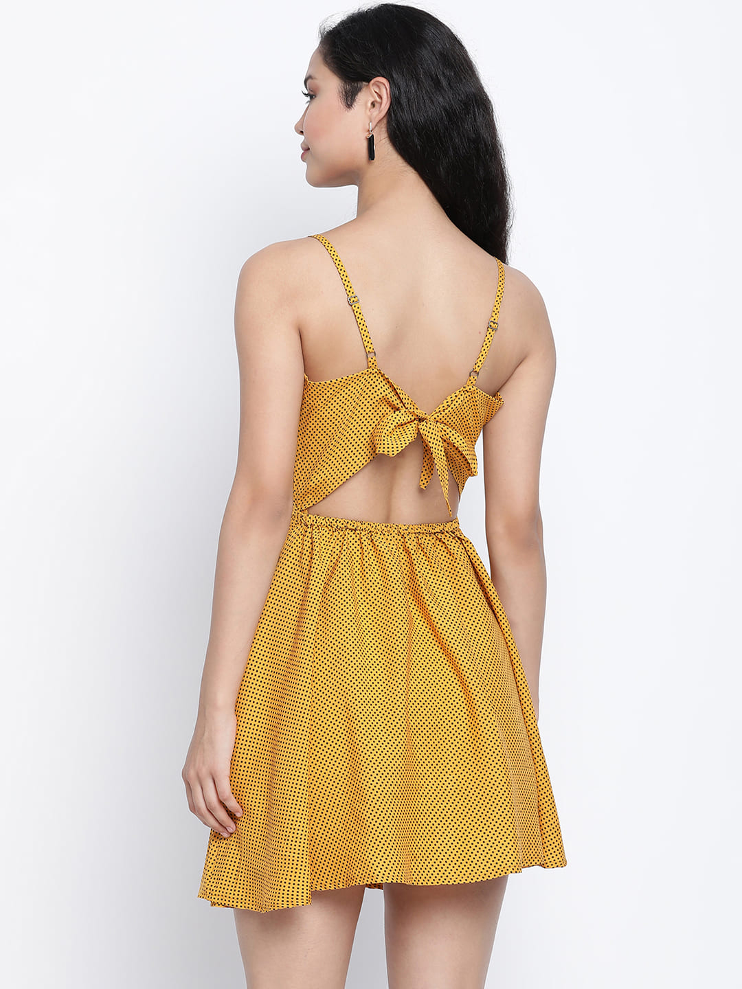 Knee Length,Yellow Dress,Knee Length Dress,V-Neck Dress,Sleeveless Dress,Yellow Polka Dots Dress