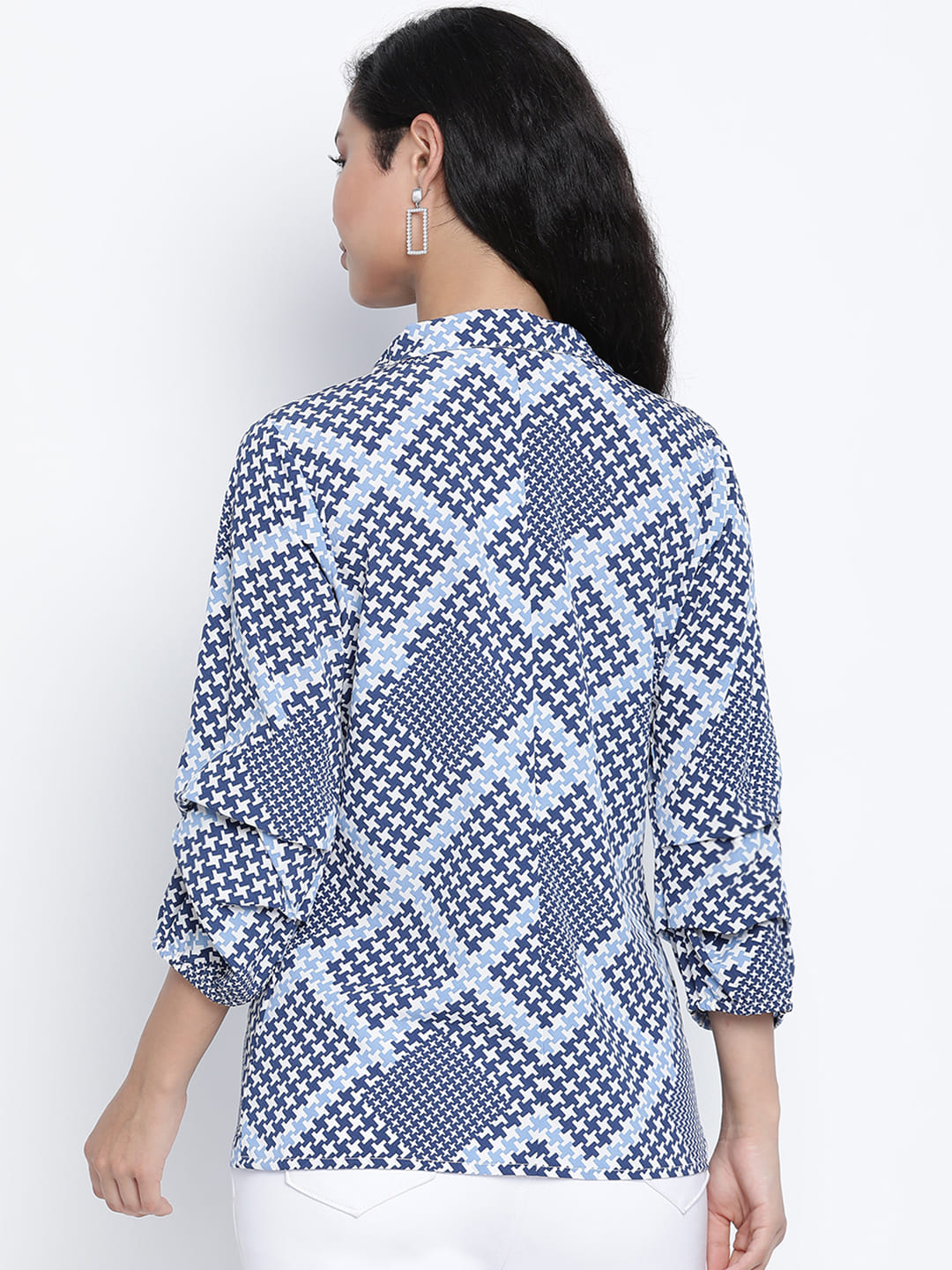 Regular,Blue Top,Regular Top,Lapel Neck Top,Quater Sleeves Top,Blue Printed Top