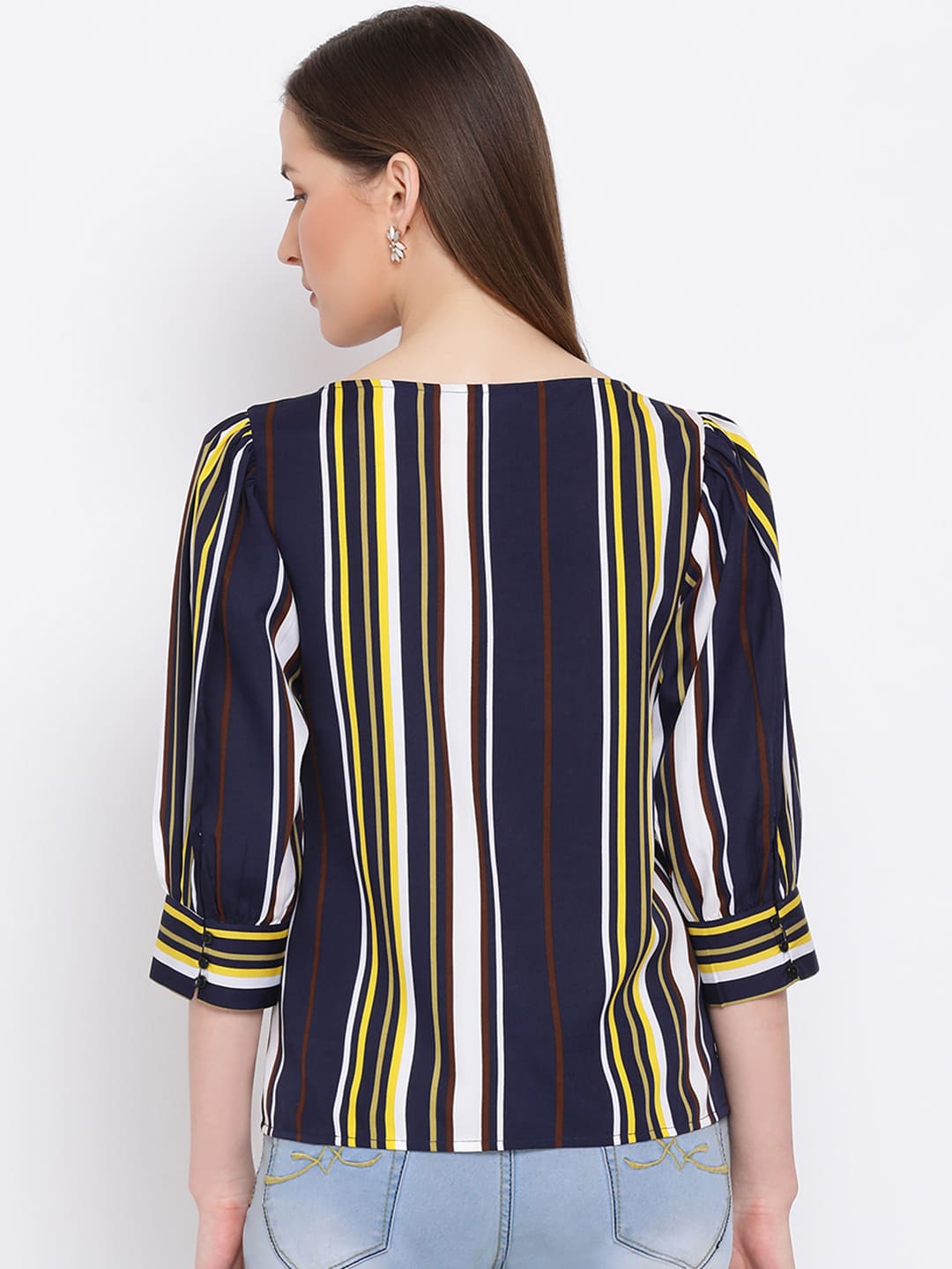 Regular,Blue Top,Regular Top,Round Neck Top,Full Sleeves Top,Blue Stripes Top