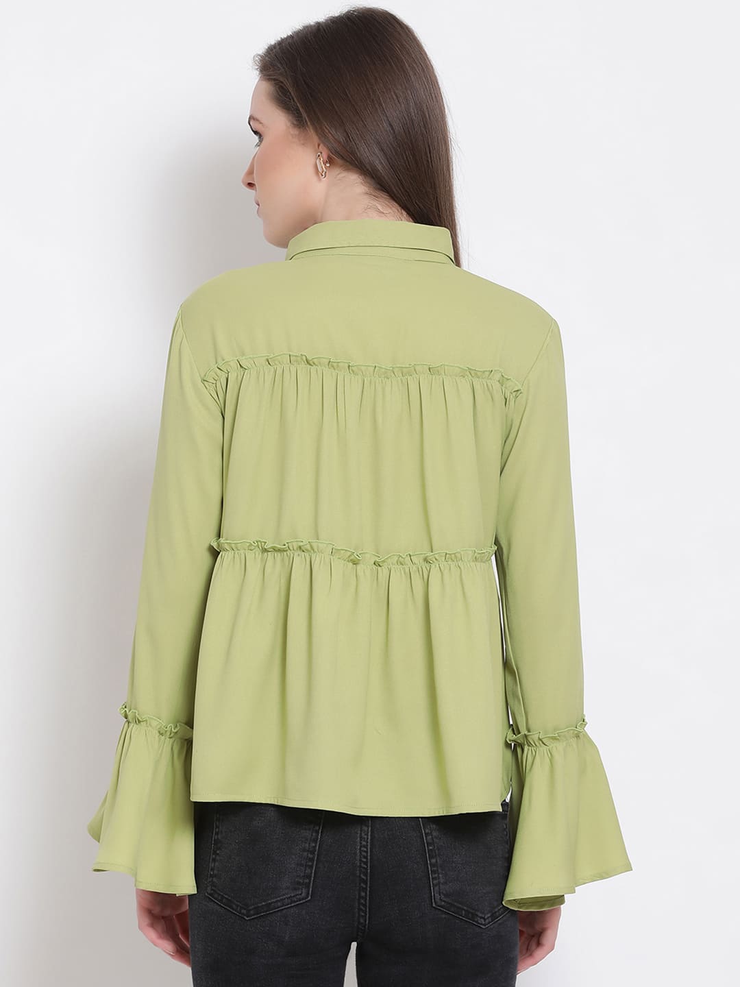 Regular,Green Top,Regular Top,Collared Neck Top,Full Sleeves Top,Green Solid Top