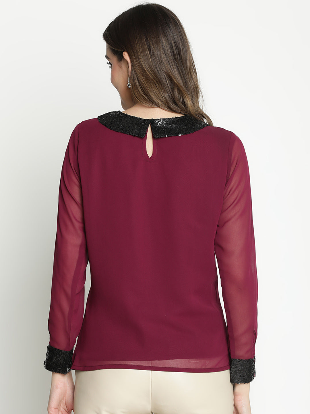 Regular,Maroon Top,Regular Top,Collared Neck Top,Full Sleeves Top,Maroon Solid Top