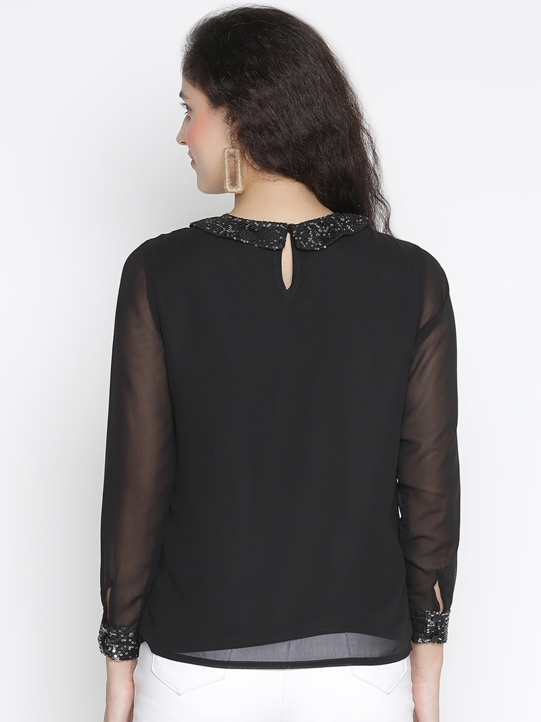 Regular,Black Top,Regular Top,Collared Neck Top,Full Sleeves Top,Black Solid Top