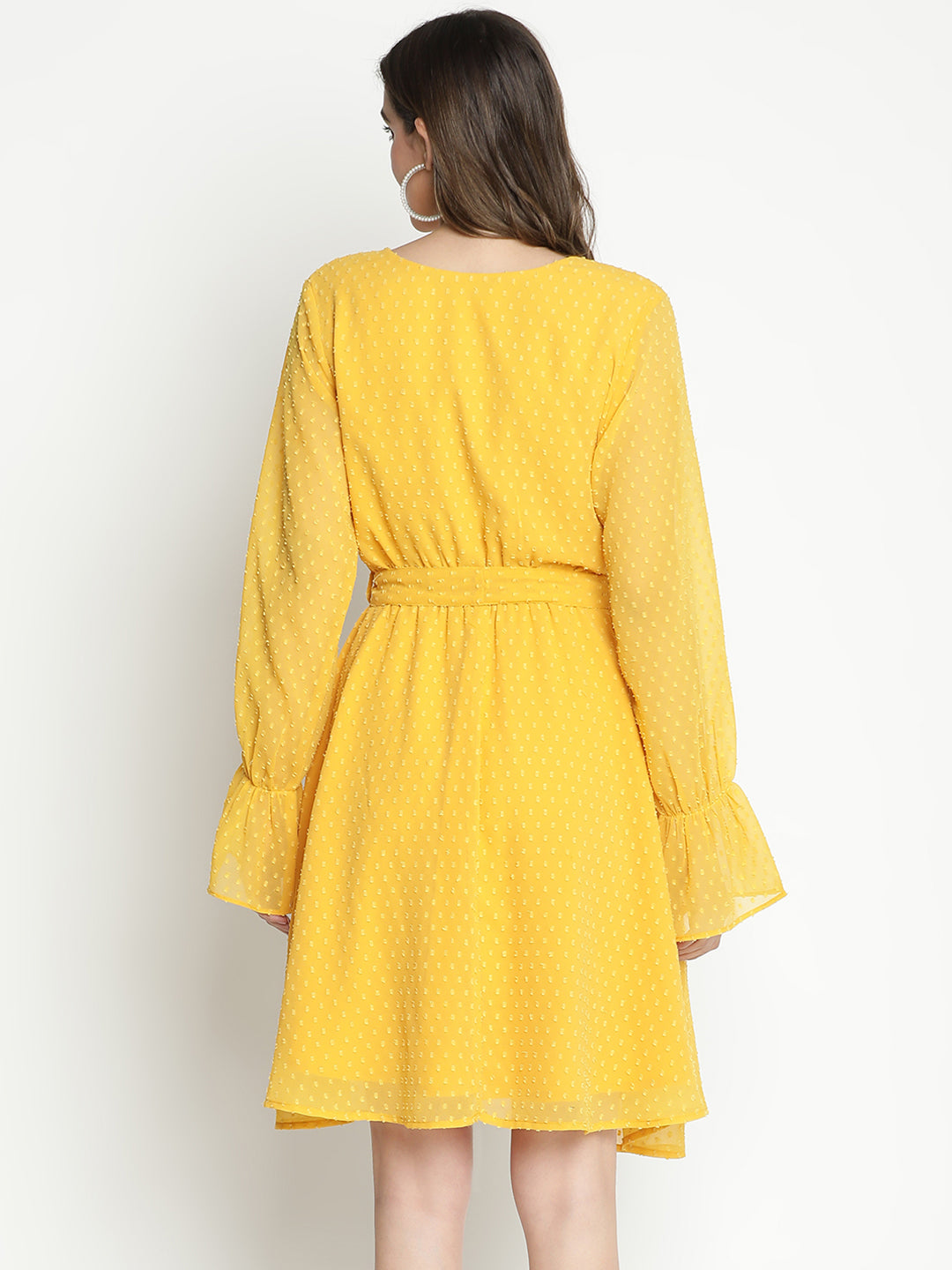 Knee Length,Yellow Dress,Knee Length Dress,V-Neck Dress,Full Sleeves Dress,Yellow Solid Dress