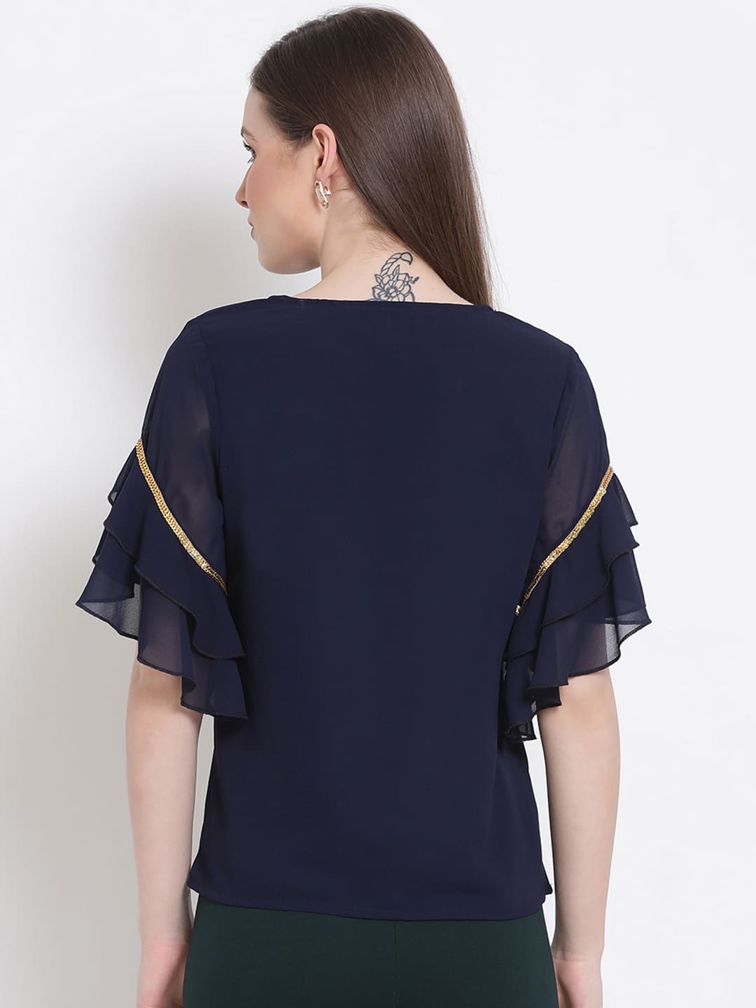 Regular,Blue Top,Regular Top,Round Neck Top,Short Sleeves Top,Blue Embellished Top