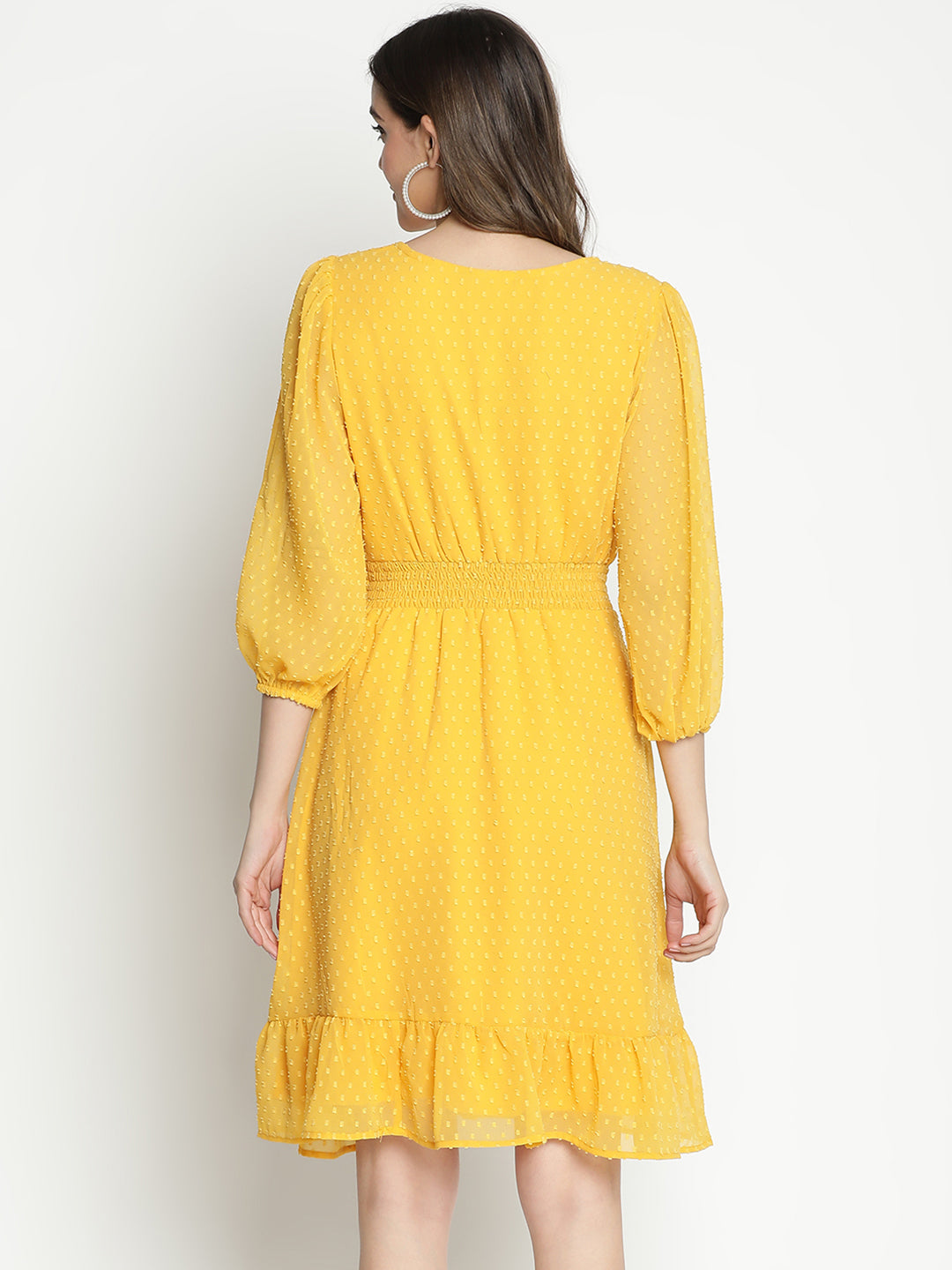 Knee Length,Yellow Dress,Knee Length Dress,V-Neck Dress,Quater Sleeves Dress,Yellow Solid Dress