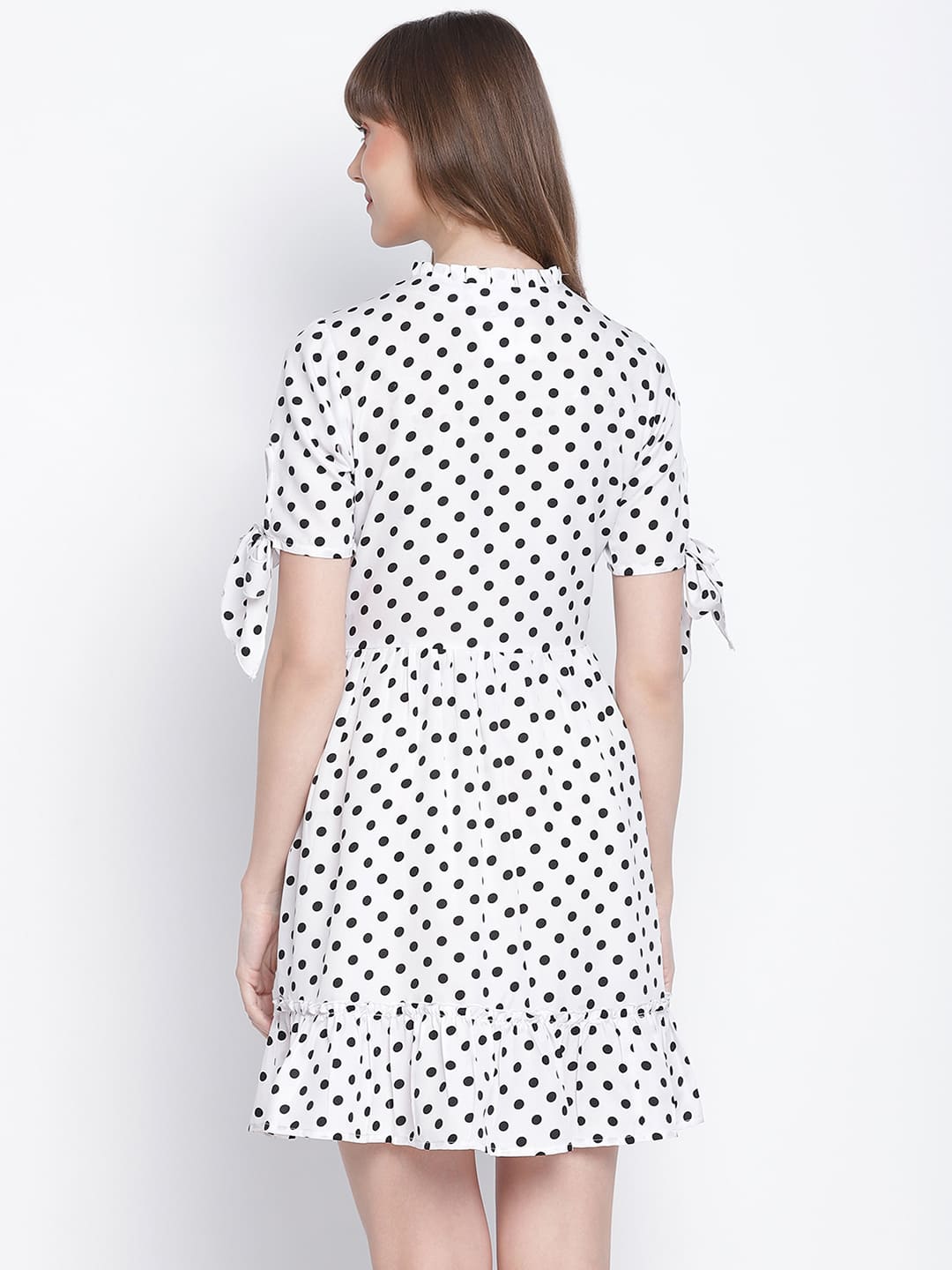 Knee Length,White Dress,Knee Length Dress,Round Neck Dress,Short Sleeves Dress,White Polka Dots Dress