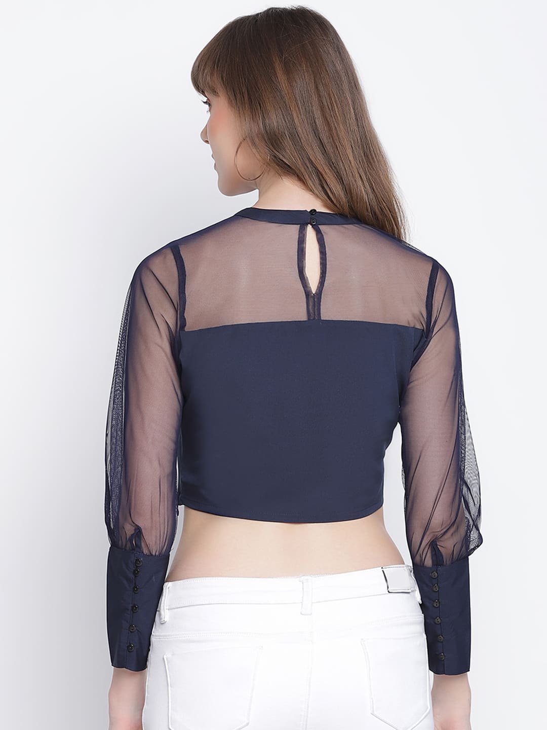 Crop Top,Blue Top,Crop Top,Round Neck Top,Full Sleeves Top,Blue Solid Top