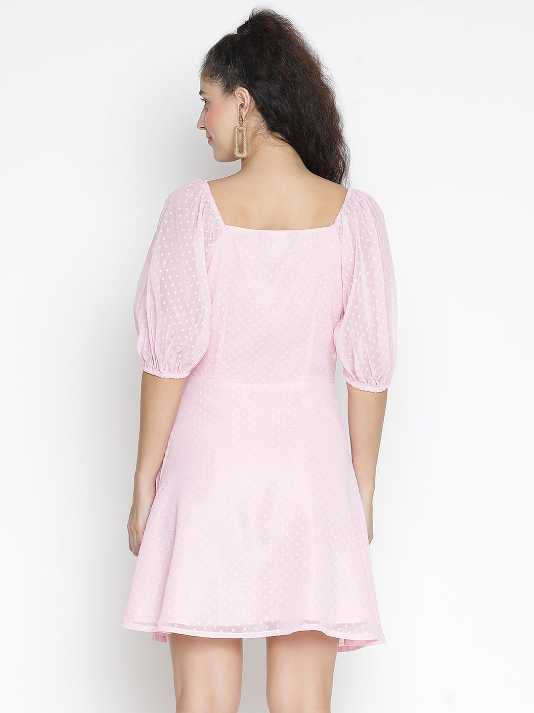 Knee Length,Pink Dress,Knee Length Dress,Round Neck Dress,Short Sleeves Dress,Pink Solid Dress