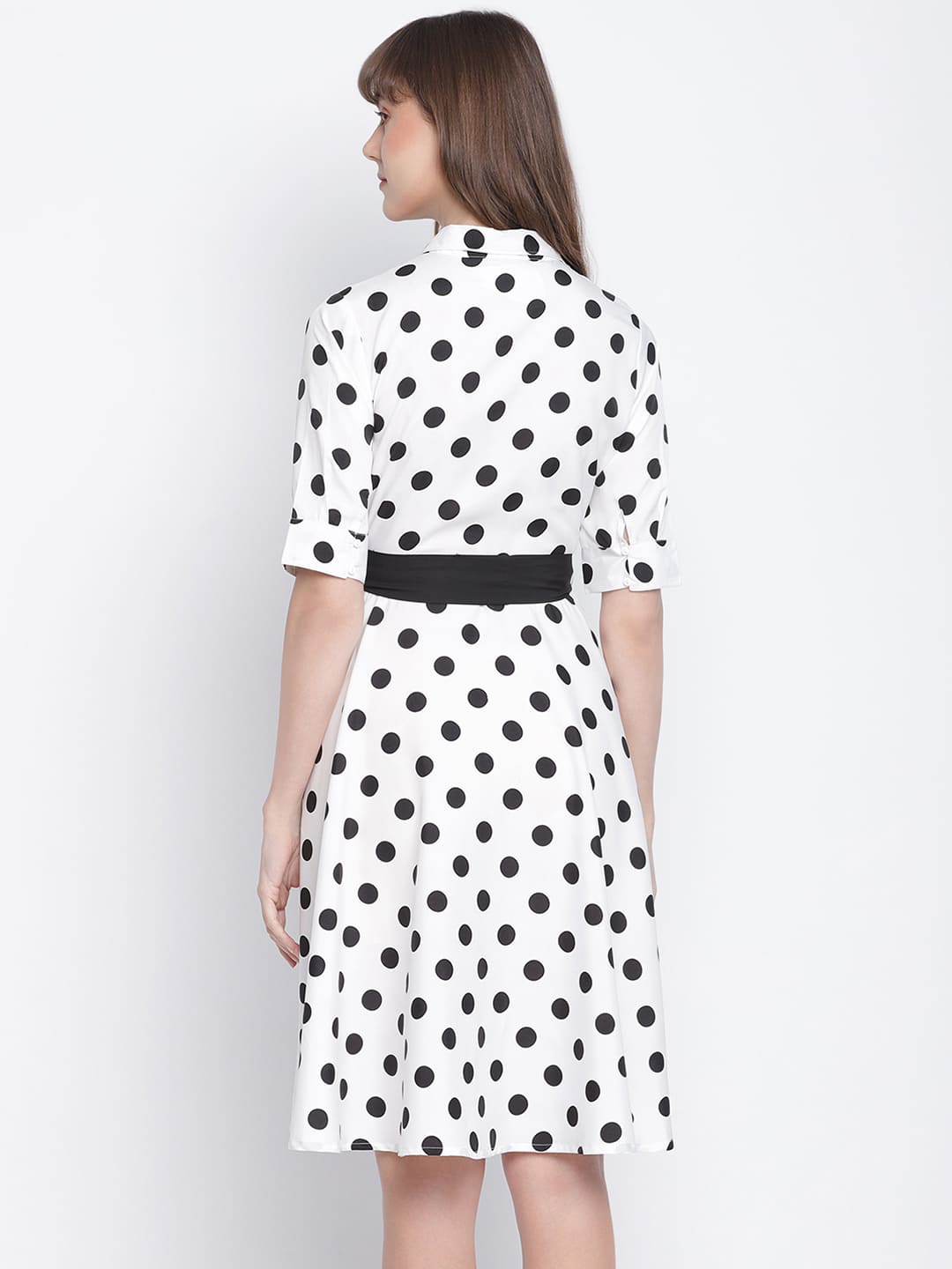 Knee Length,White Dress,Knee Length Dress,Collared Neck Dress,Short Sleeves Dress,White Polka Dot Dress