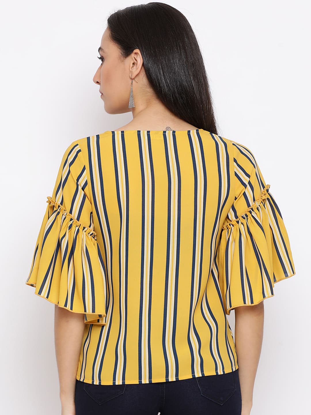 Regular,Yellow Top,Regular Top,Round Neck Top,Quater Sleeves Top,Yellow Stripes Top