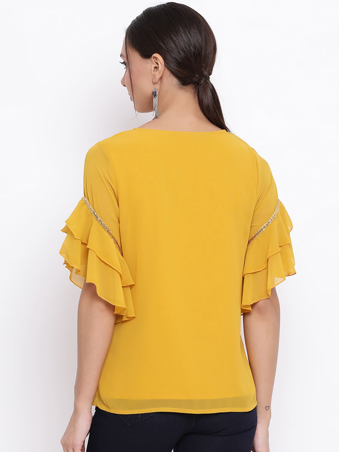 Regular,Yellow Top,Regular Top,Round Neck Top,Short Sleeves Top,Yellow Embellished Top