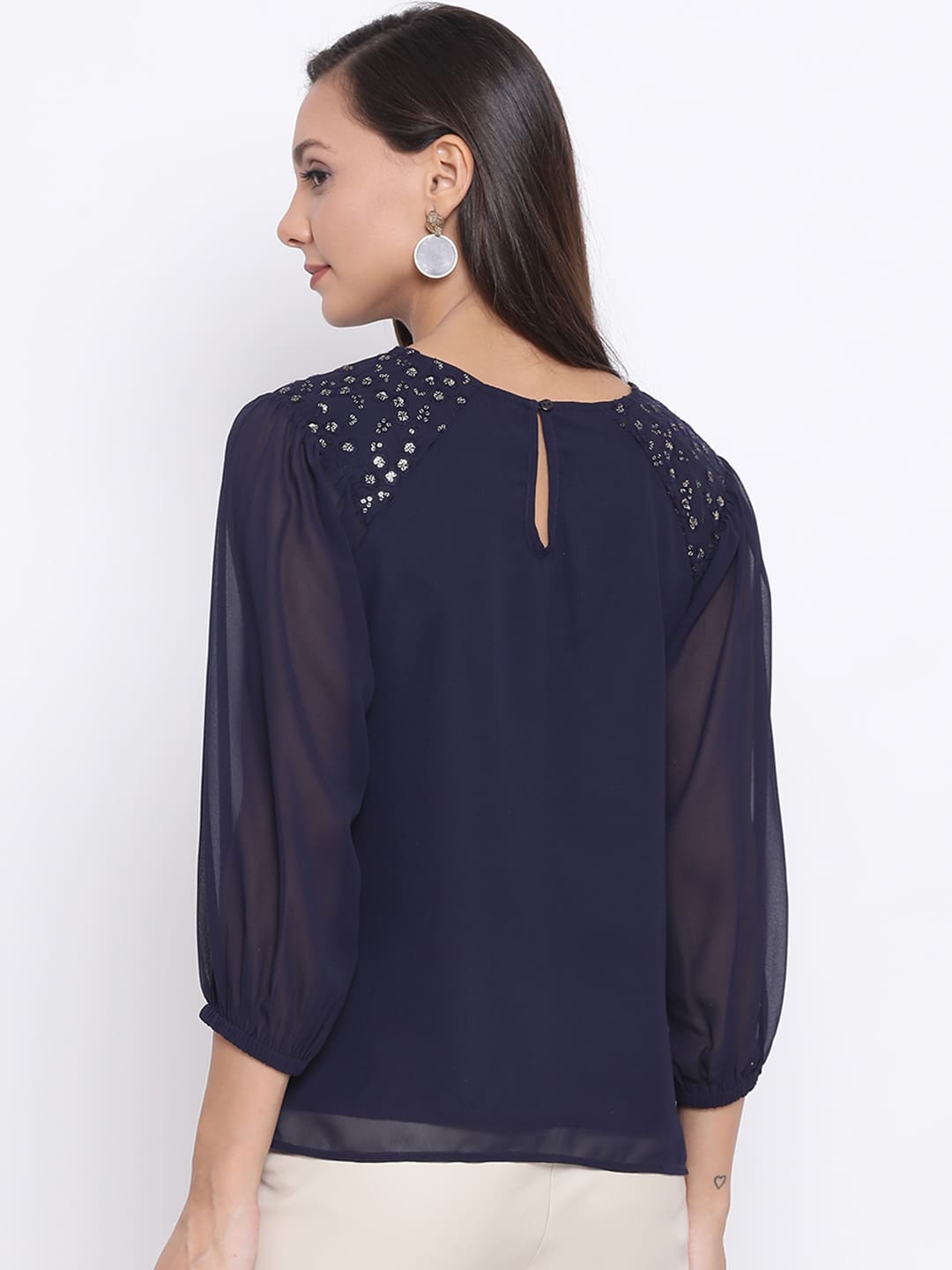 Regular,Blue Top,Regular Top,Round Neck Top,Quater Sleeves Top,Blue Solid Top