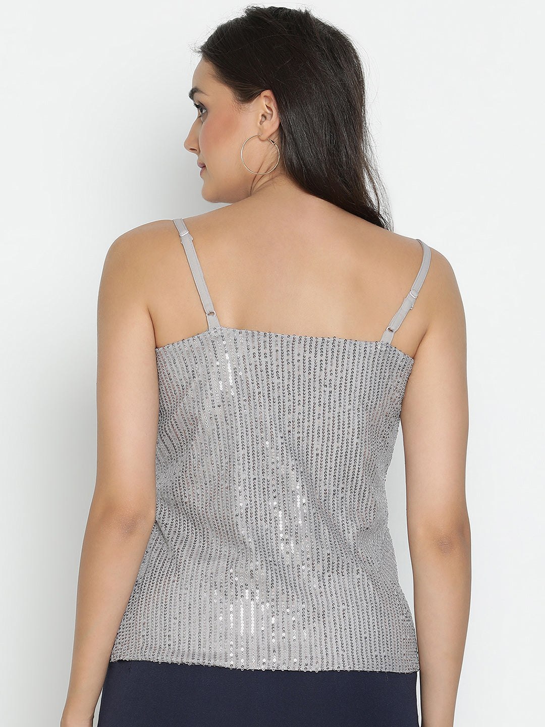 DRAAX FASHIONS Womens Silver Sequin V-Neck Spaghetti Top