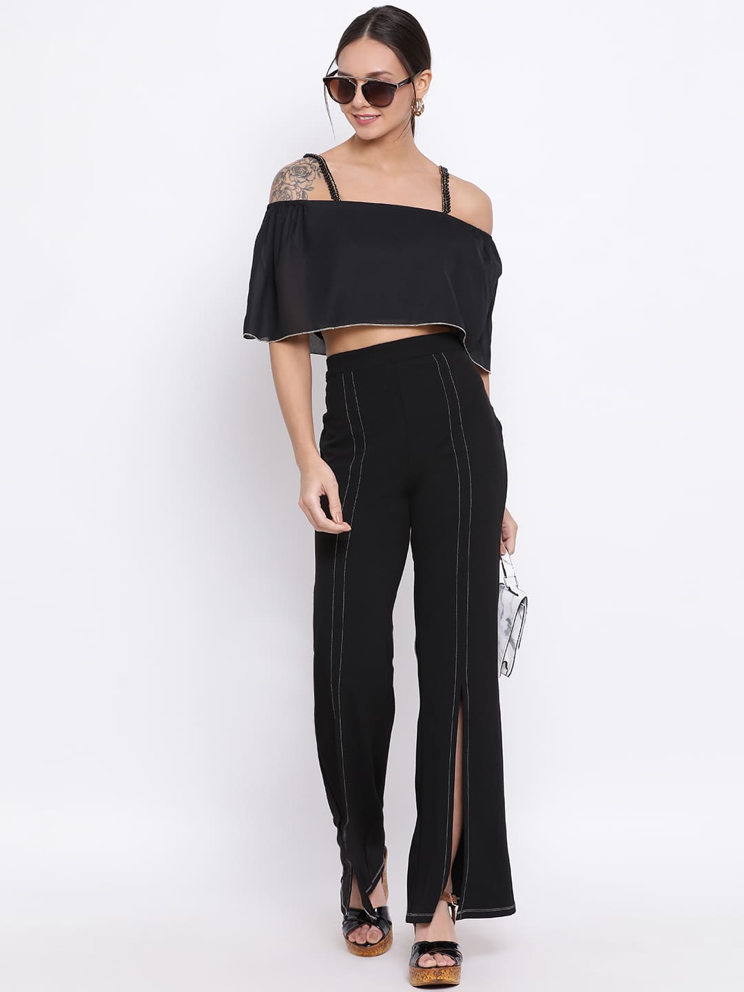 Crop Top,Black Top,Crop Top,Off Shoulder Top,Sleeveless Top,Black Solid Top