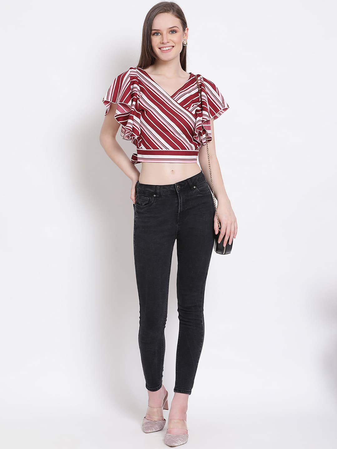 Crop Top,Red Top,Crop Top,V-Neck Top,Short Sleeves Top,Red Striped Top