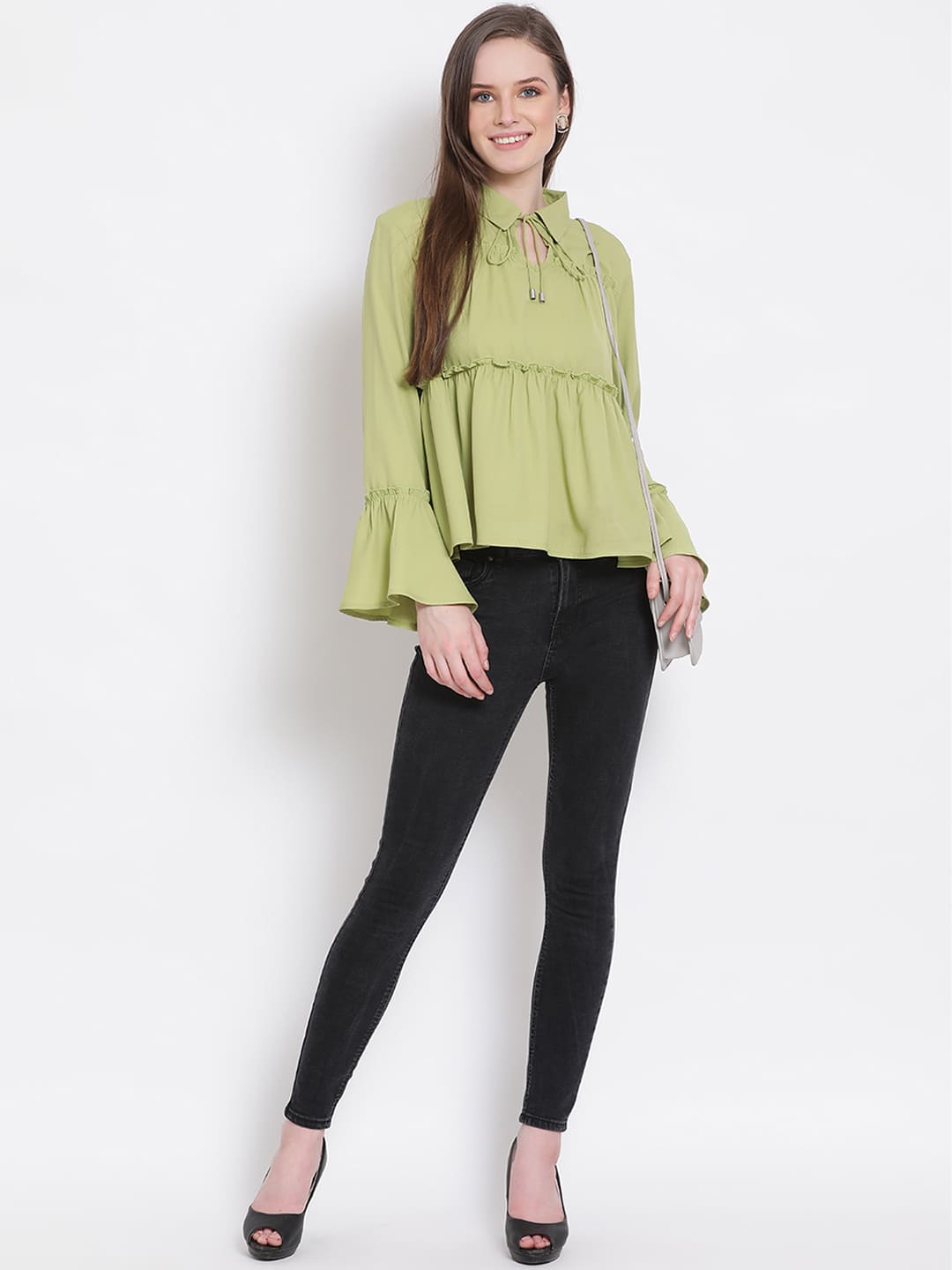 Regular,Green Top,Regular Top,Collared Neck Top,Full Sleeves Top,Green Solid Top