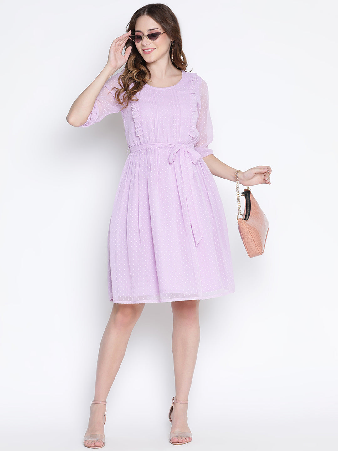 Knee Length,Purple Dress,Knee Length Dress,Round Neck Dress,Short Sleeves Dress,Purple Solid Dress