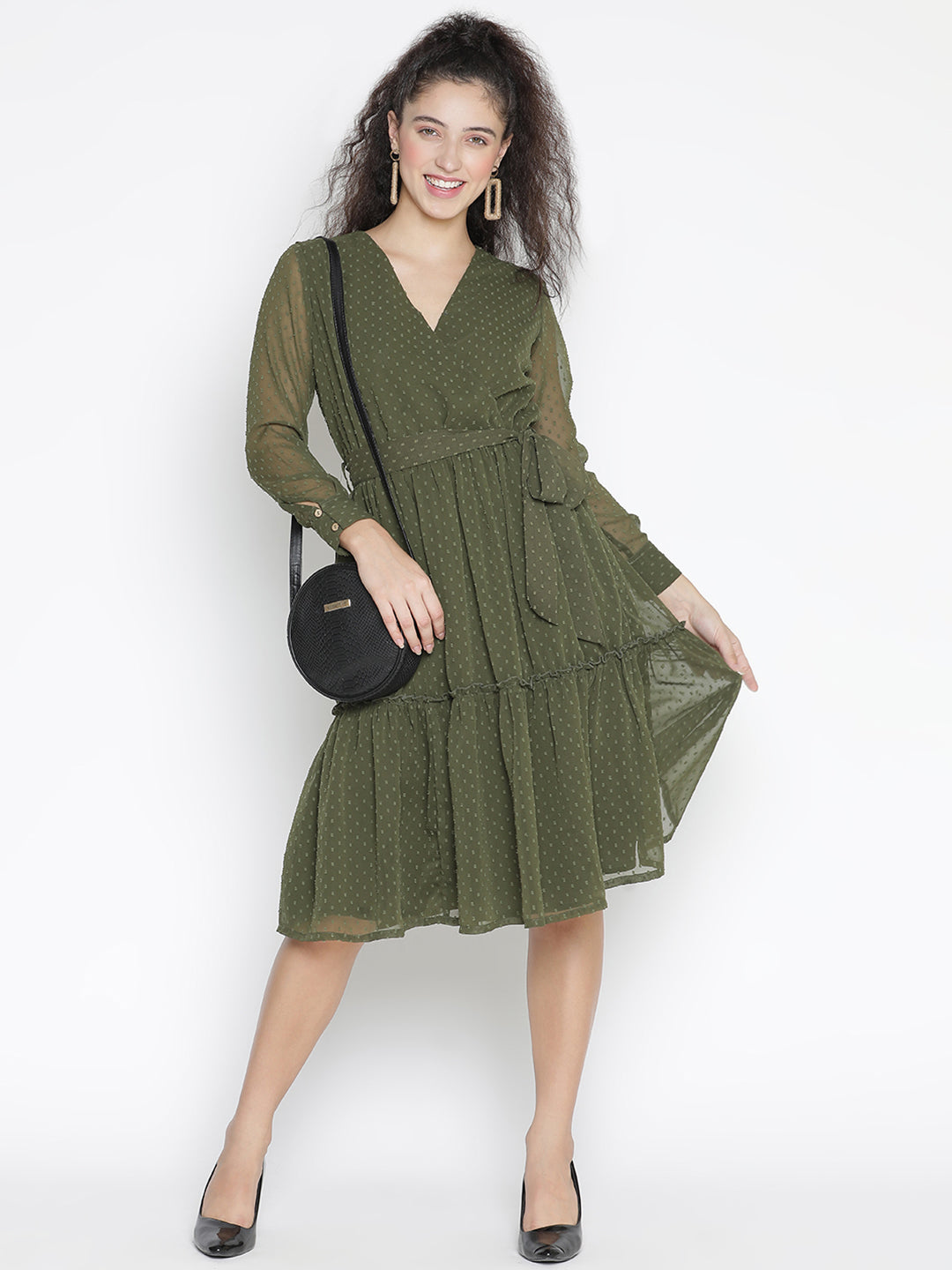 Knee Length,Green Dress,Knee Length Dress,V-Neck Dress,Full Sleeves Dress,Green Solid Dress