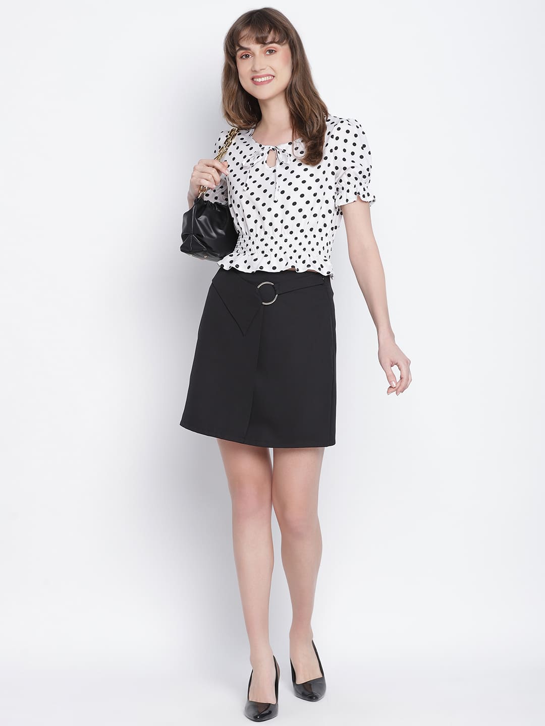 Crop Top,White Top,Crop Top,Round Neck Top,Short Sleeves Top,White Polka Dot Top