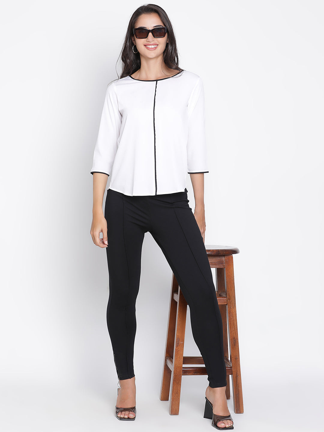 Regular,White Top,Regular Top,Round Neck Top,Quater Sleeves Top,White Solid Top