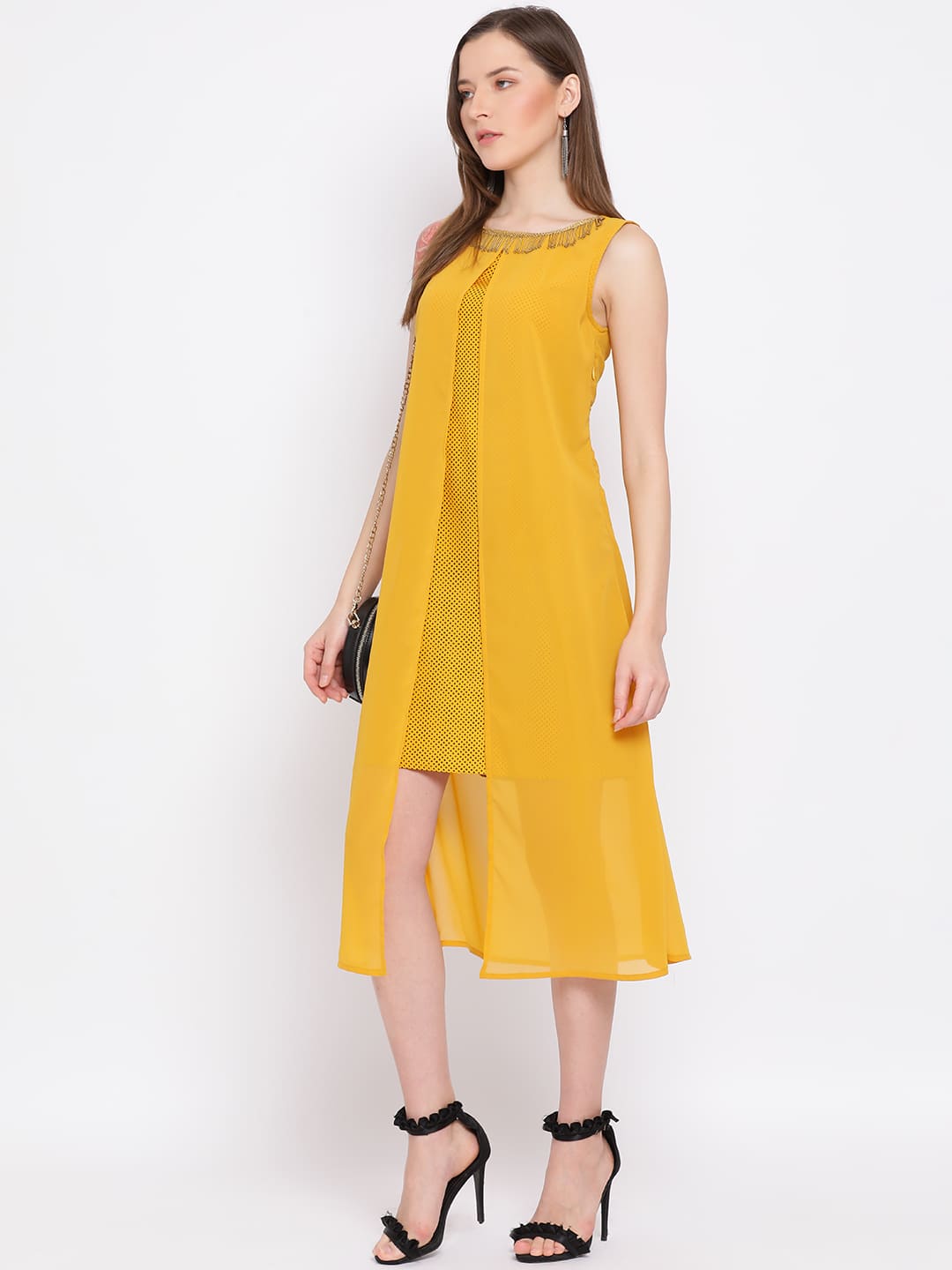 Midi,Yellow Dress,Midi Dress,Round Neck Dress,Sleeveless Dress,Yellow Solid Dress