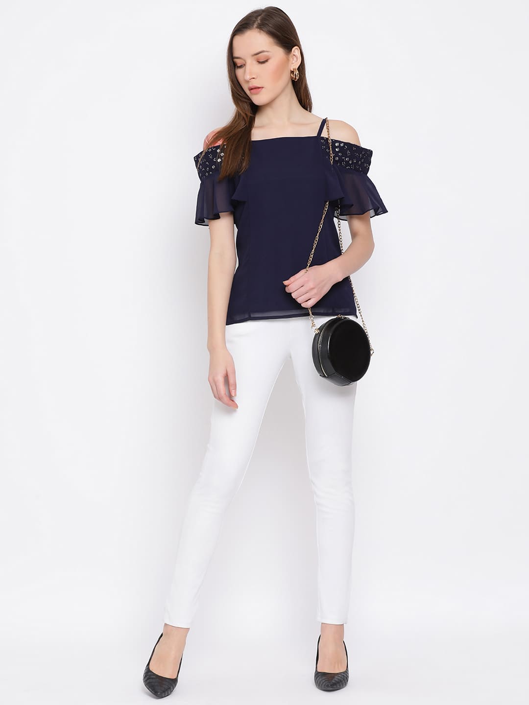 Regular,Blue Top,Regular Top,Off Shoulder Top,Sleeveless Top,Blue Solid Top